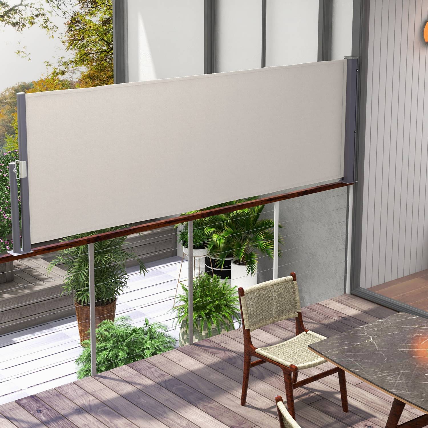 Výsuvná světle šedá zahradní markýza 300x100cm, s UV ochranou a ochranou proti větru