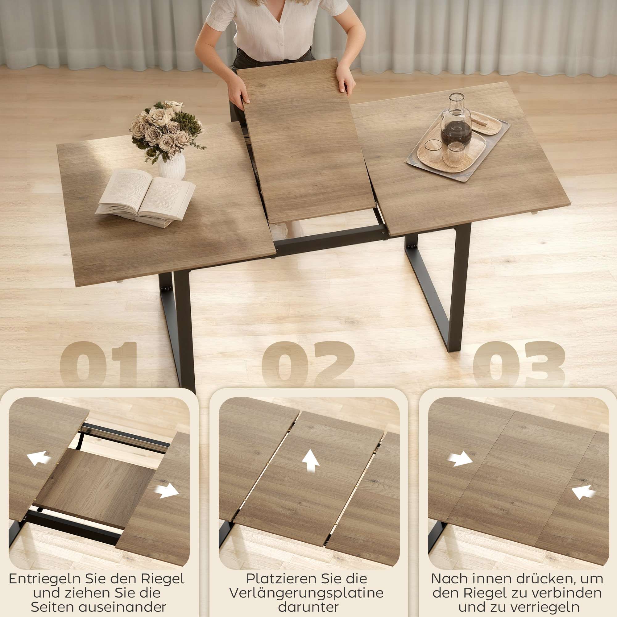 Utdragbart matbord för 6-8 personer, 140-180 cm, trä och stål