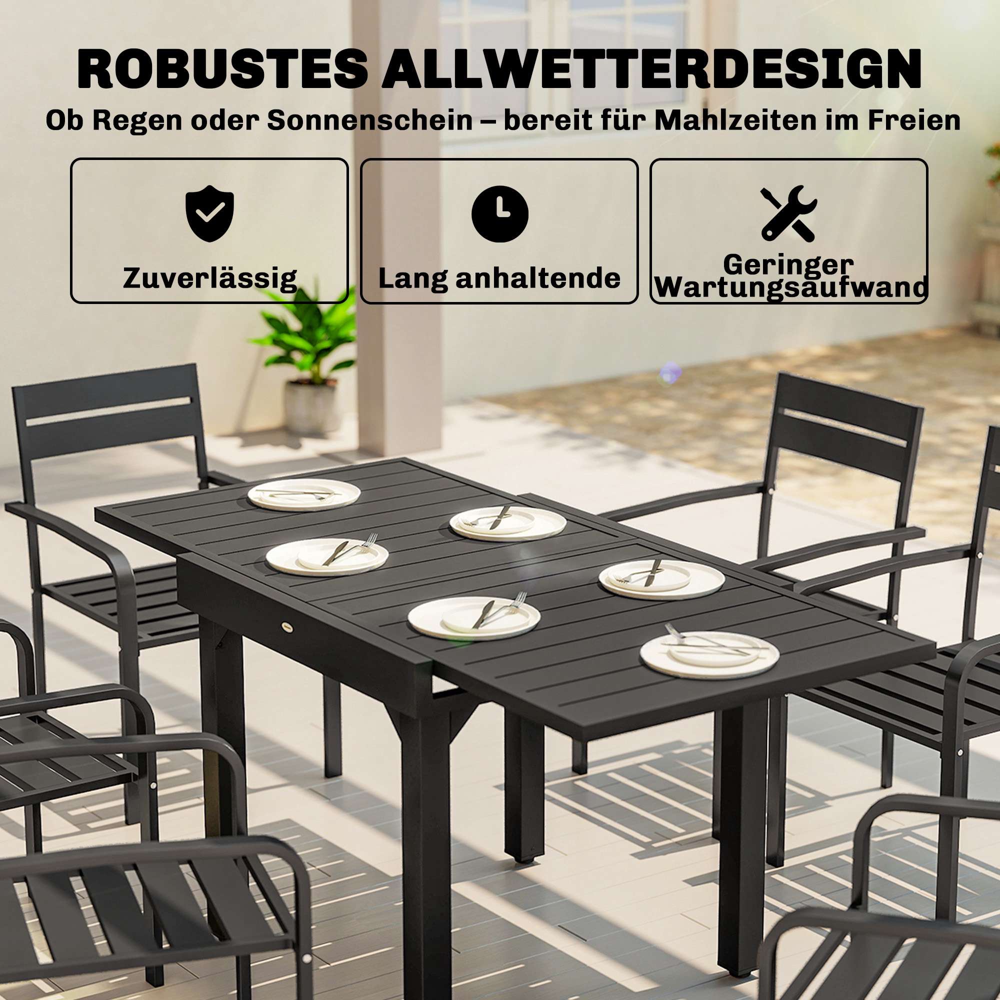Utdragbart matbord för utomhusbruk, 80-160 cm, aluminiumskiva