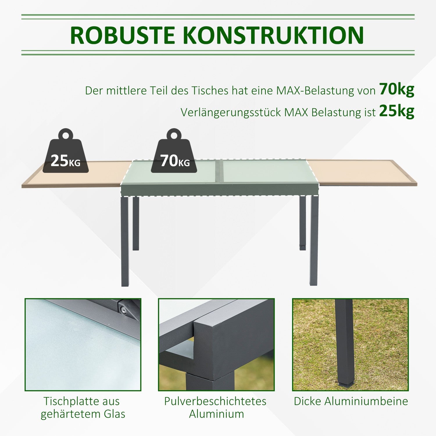 Utdragbart trädgårdsmatbord, härdat glas, aluminium