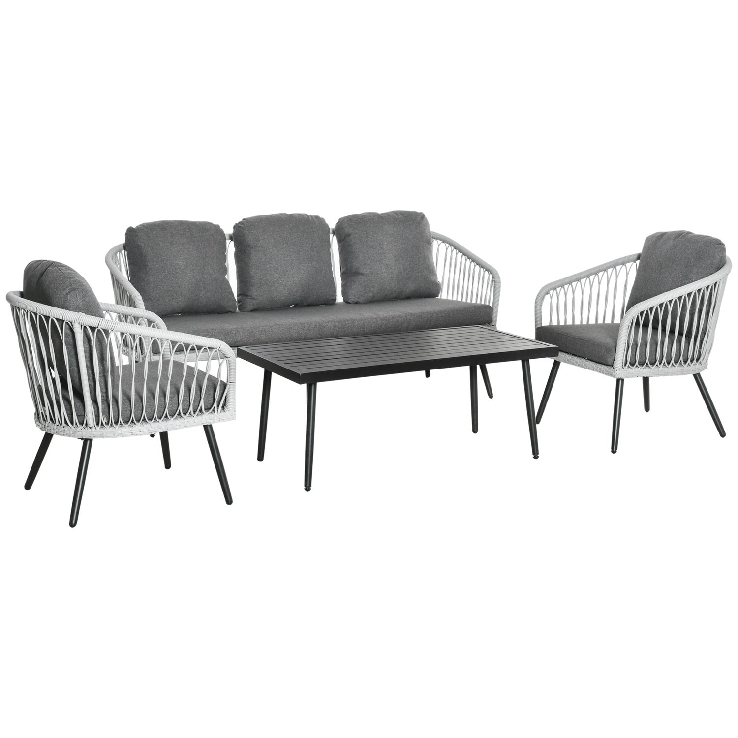 Utemöbler i polyrattan, 5 stolar, aluminiumstomme, grå kuddar