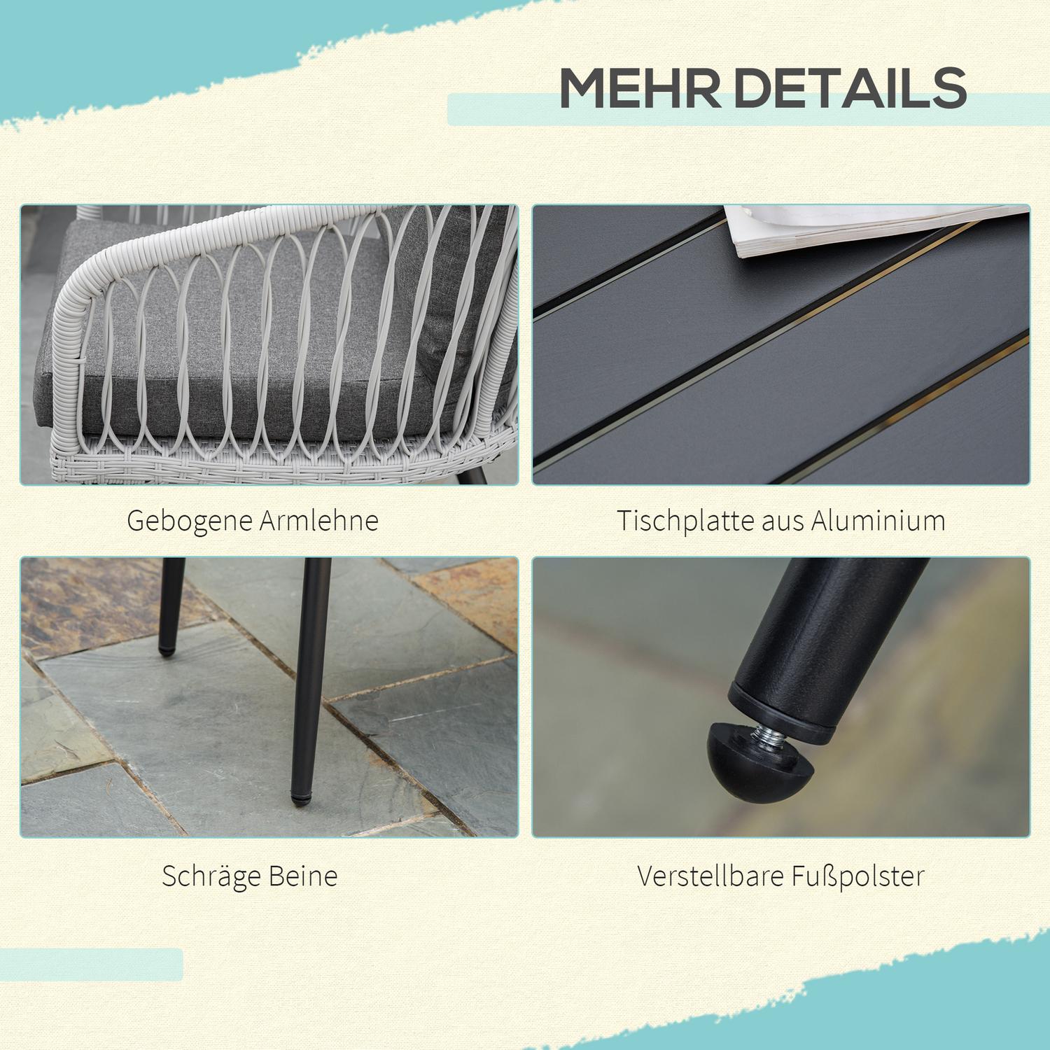 Utemöbler i polyrattan, 5 stolar, aluminiumstomme, grå kuddar