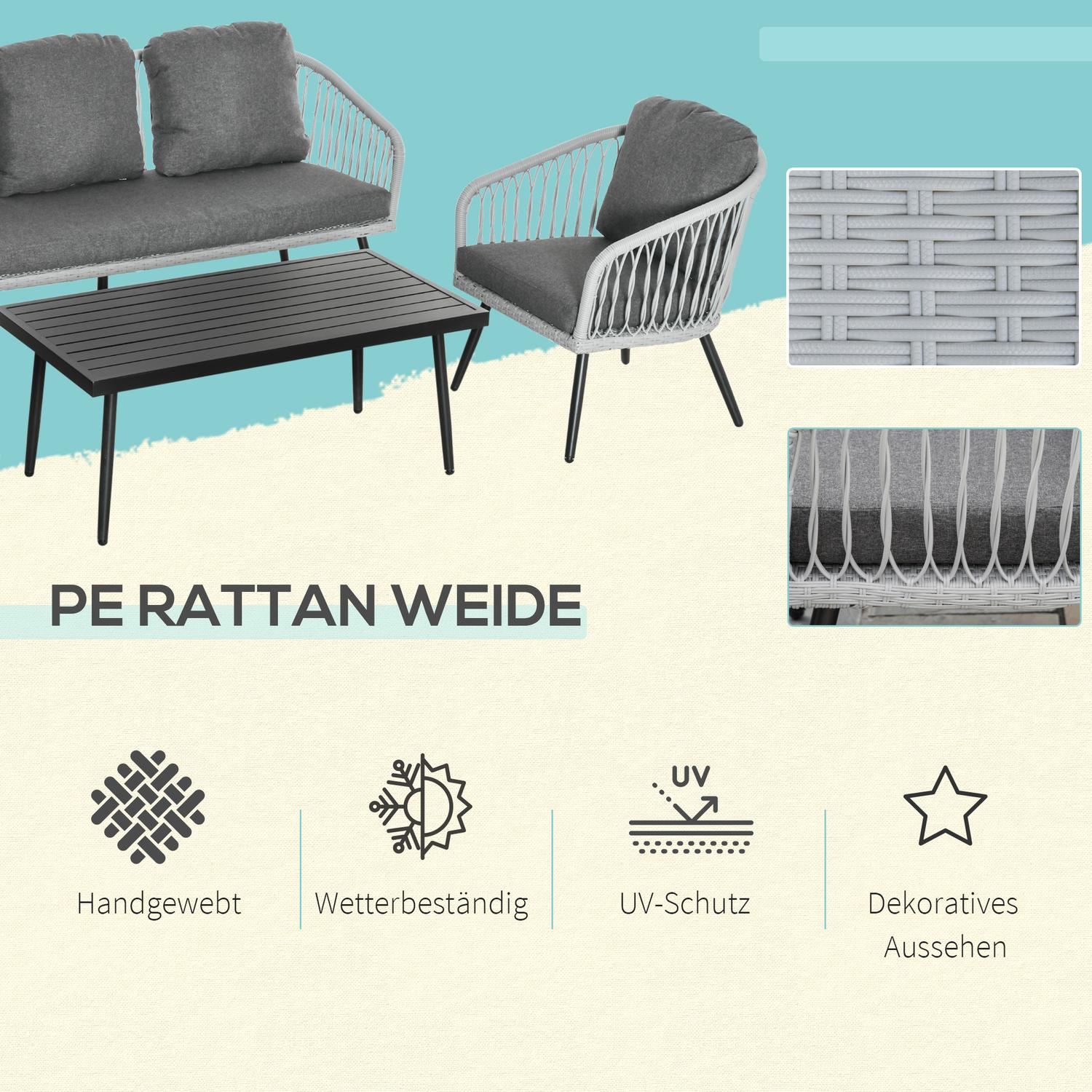 Utemöbler i polyrattan, 5 stolar, aluminiumstomme, grå kuddar
