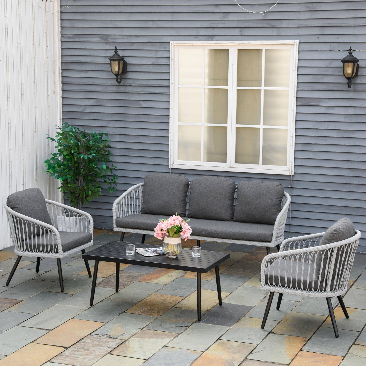 Utemöbler i polyrattan, 5 stolar, aluminiumstomme, grå kuddar