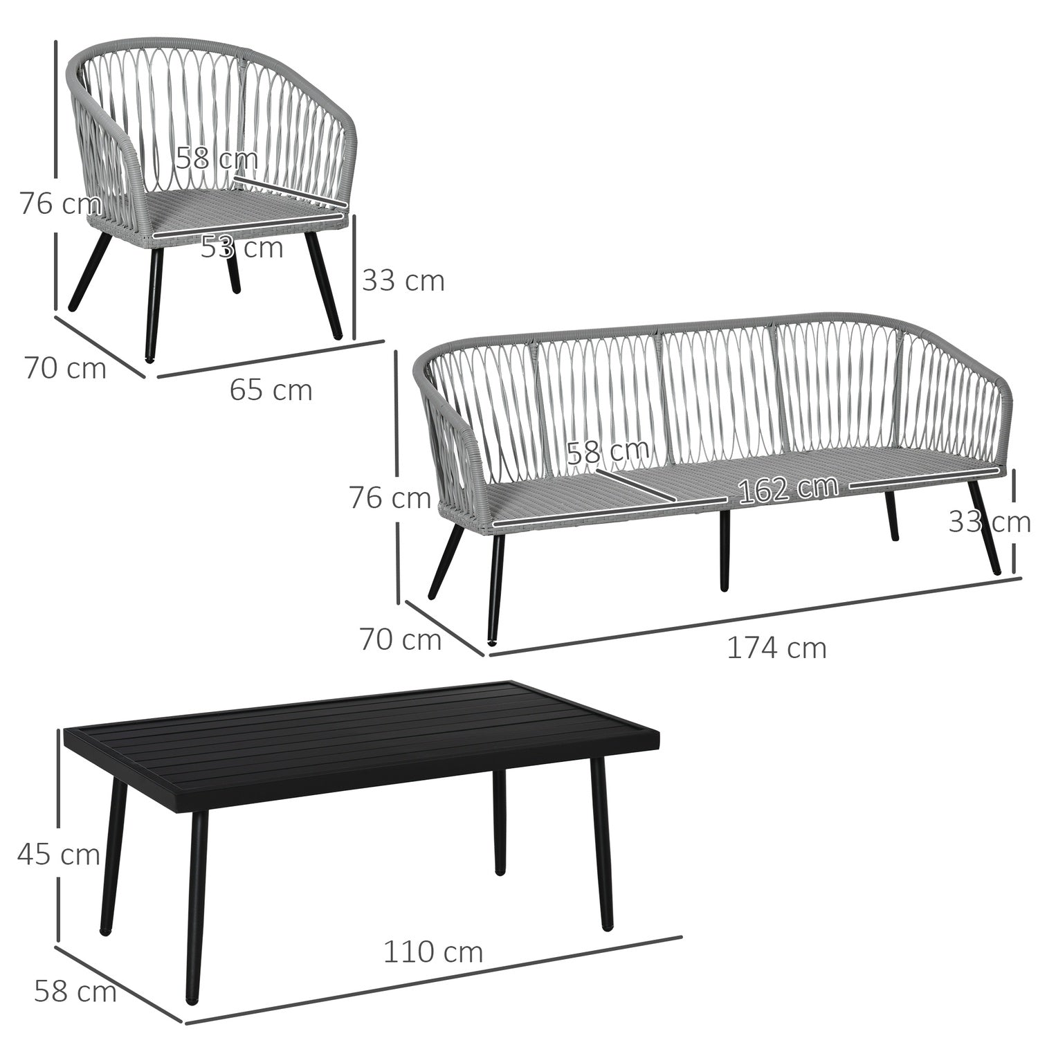 Utemöbler i polyrattan, 5 stolar, aluminiumstomme, grå kuddar