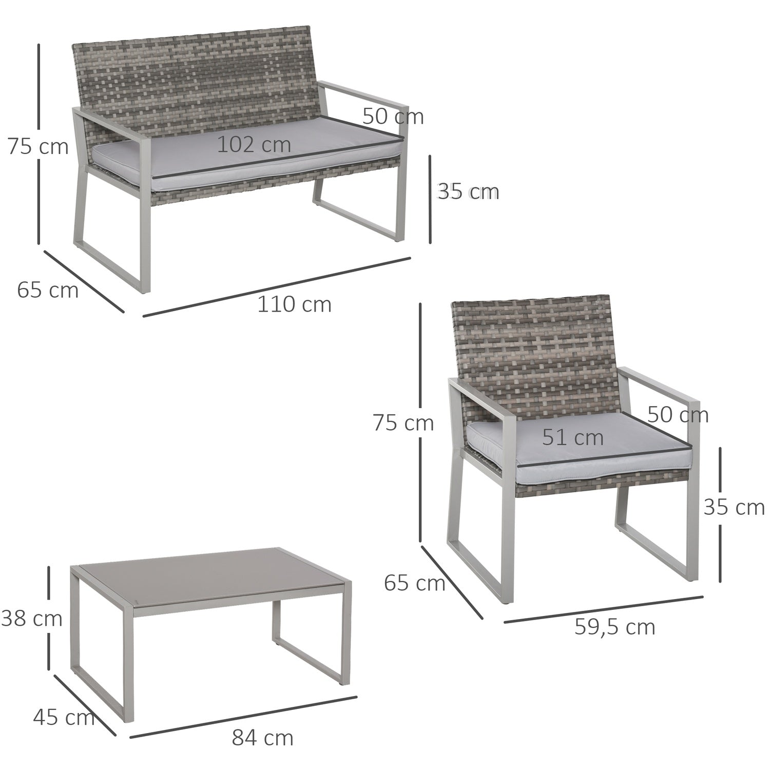 Uteplats i 4 delar, soffa och kuddar, stål och rotting