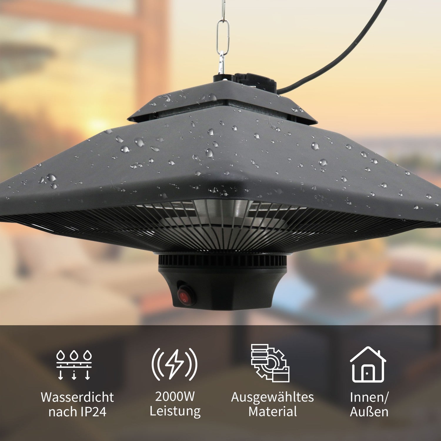 Uteplats takvärmare med fjärrkontroll & LED, 2000W, kompakt storlek