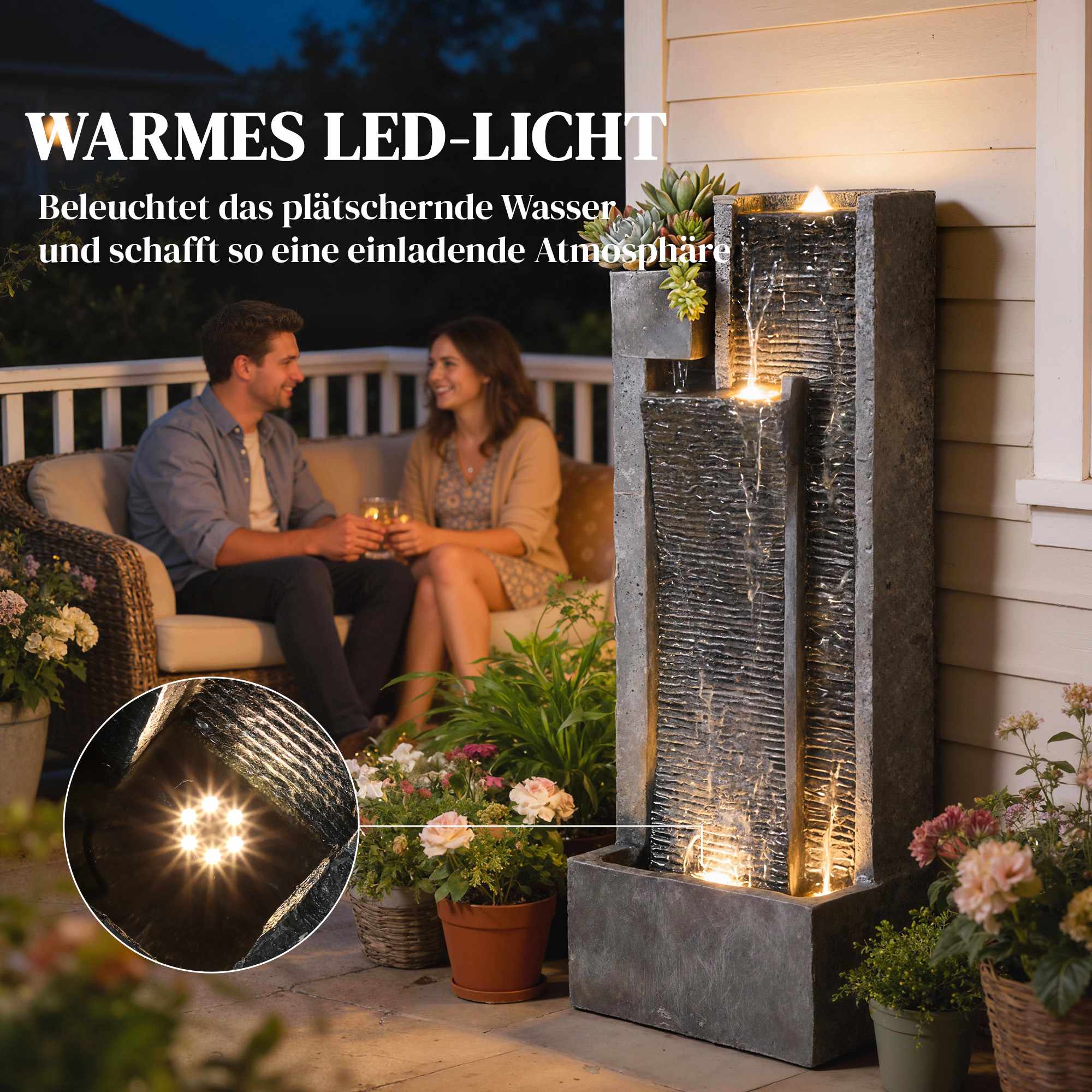 Utomhusfontän i harts med plantering och LED-lampor