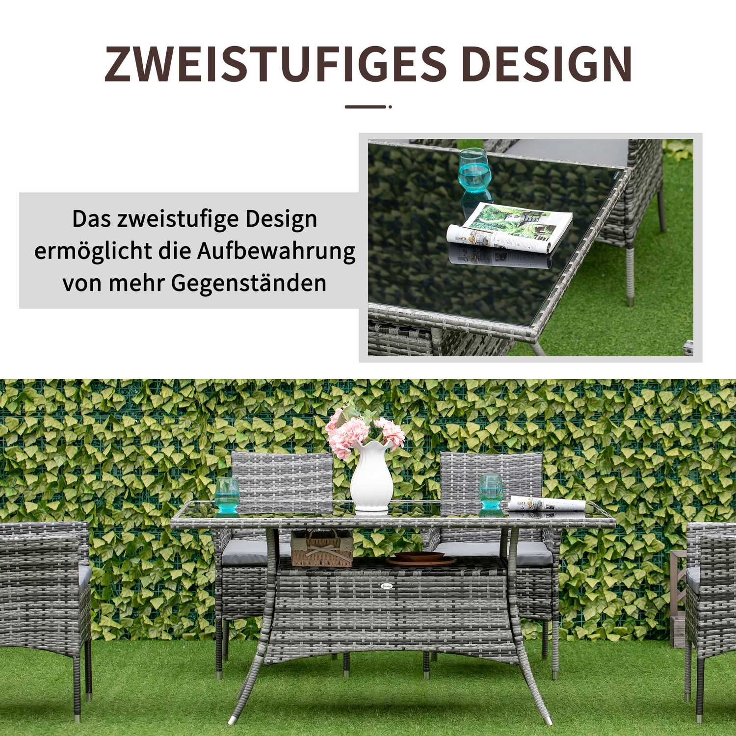 Utomhusmatbord, Glasskiva, Polyrattan, 150x85x74 cm
