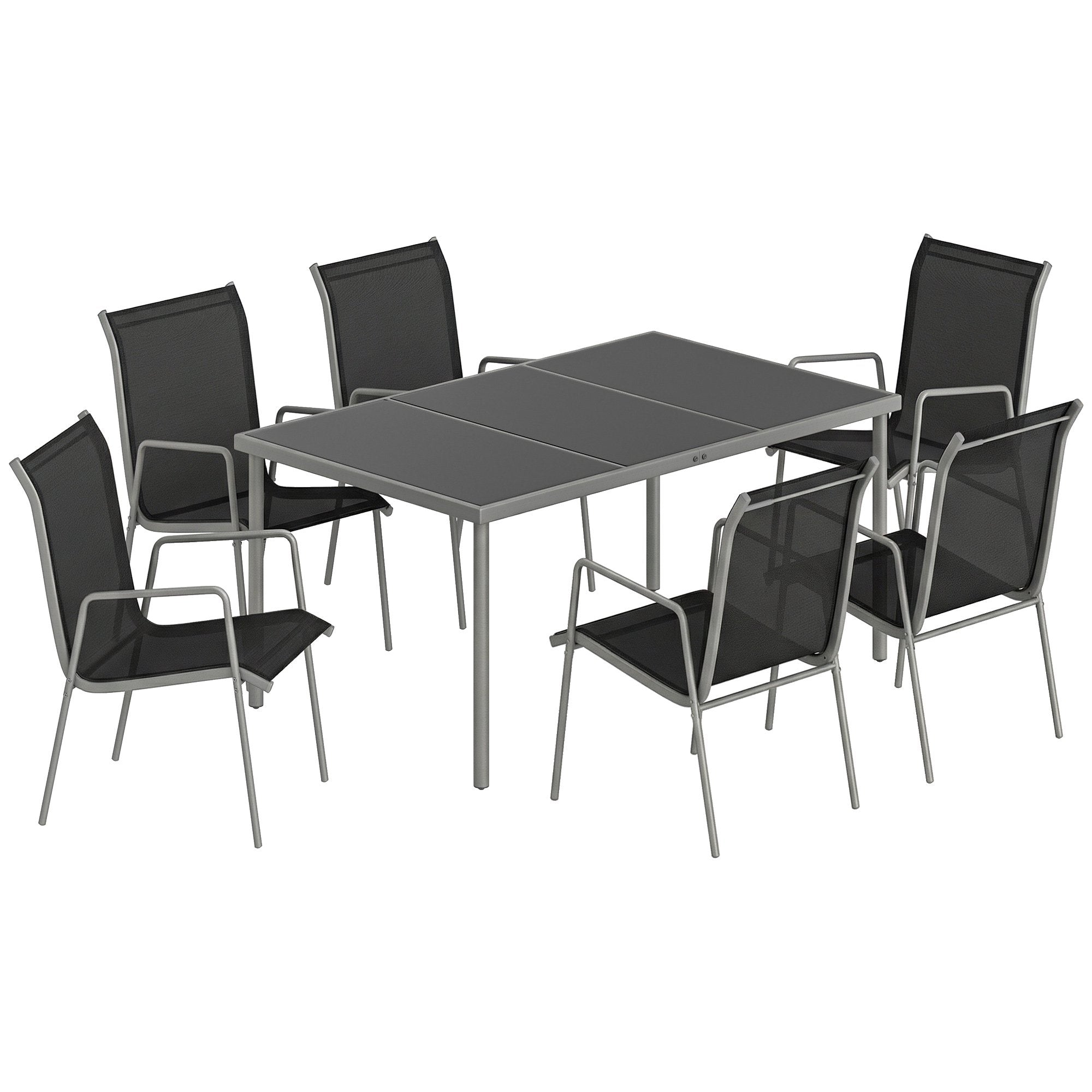 Utomhusmatgrupp, 7 delar, glasbord och stapelbara stolar