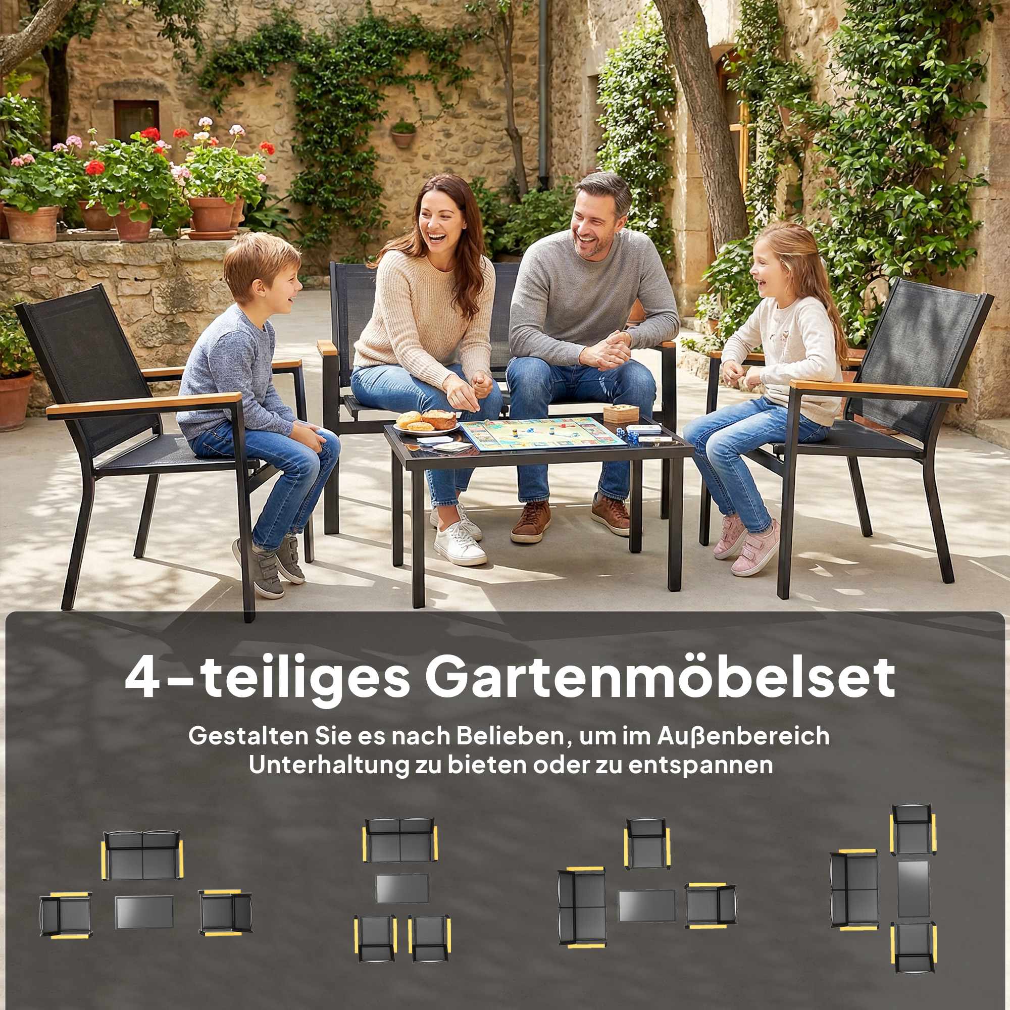 Utomhusmöbler i metall för 4 personer med soffa, stolar och bord