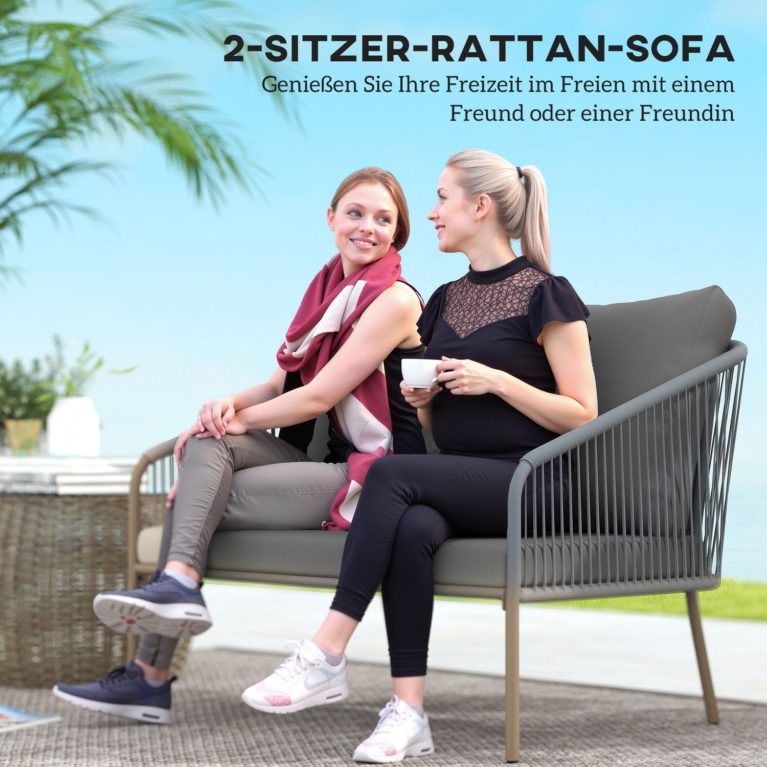 Venkovní ratanová pohovka pro 2 osoby s poduškami, šedá