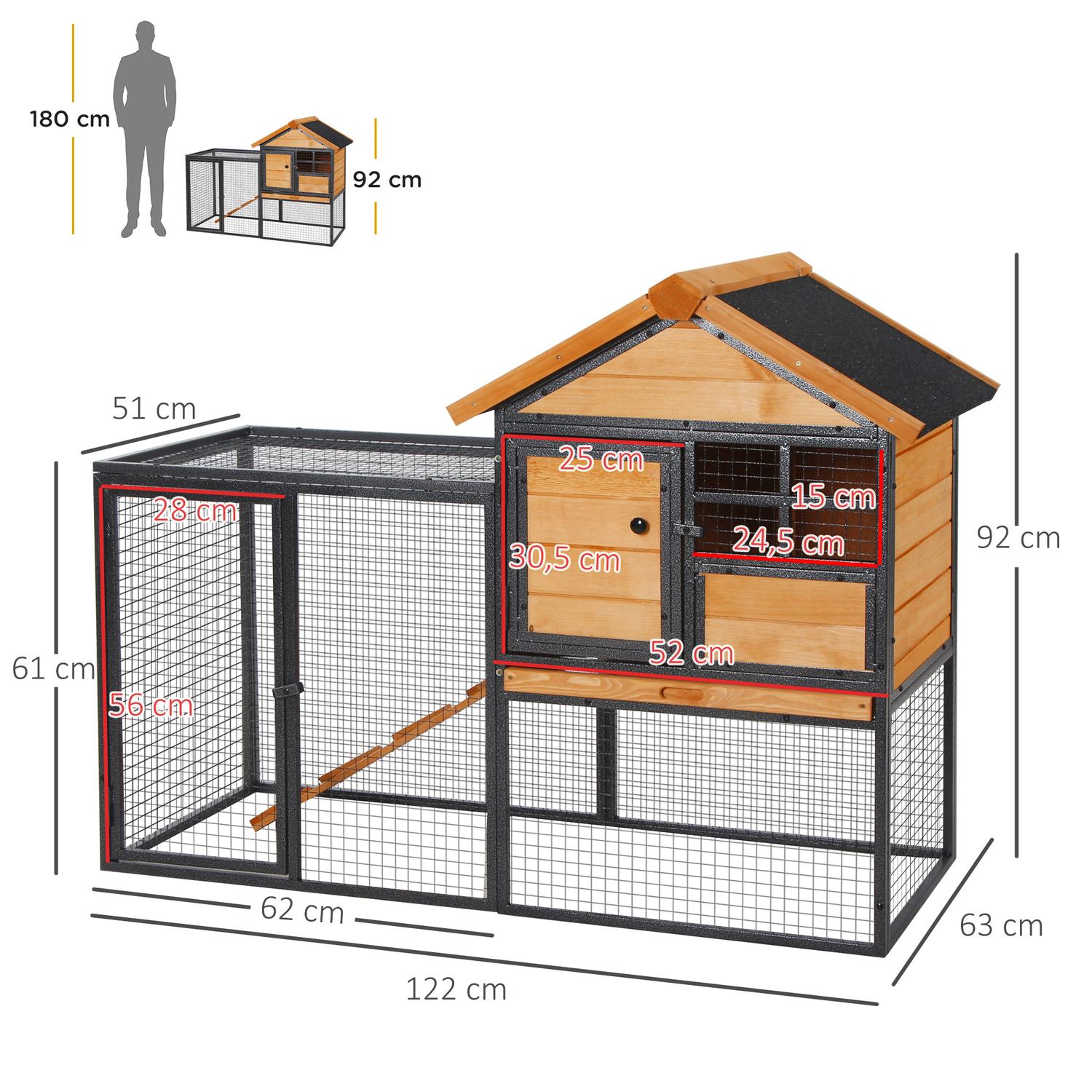 Utomhus upphöjd kaninbur, låsbar dörr, trä-metall, 122 cm