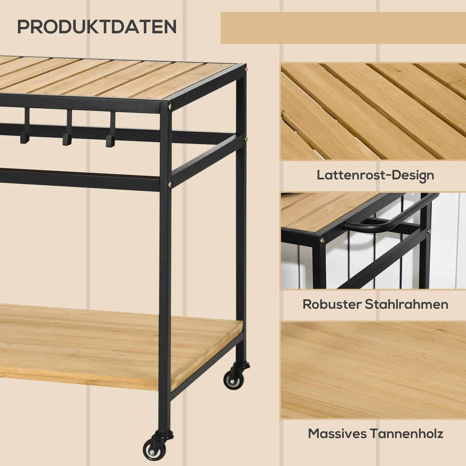 Utomhusvagn med hyllor och krokar – 107 x 65 x 80 cm