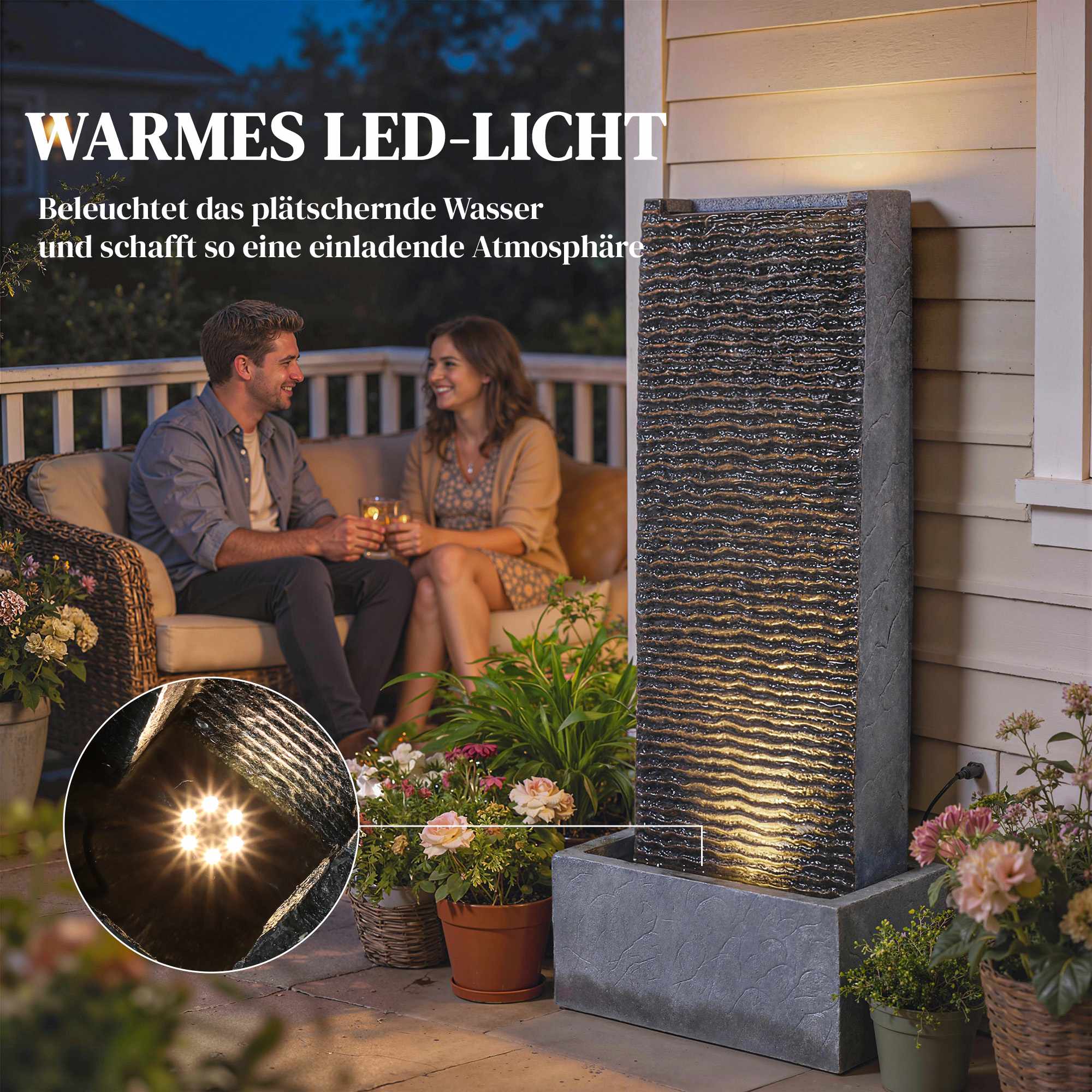 Utomhusvattenfontän i harts med LED-lampor, 80 cm