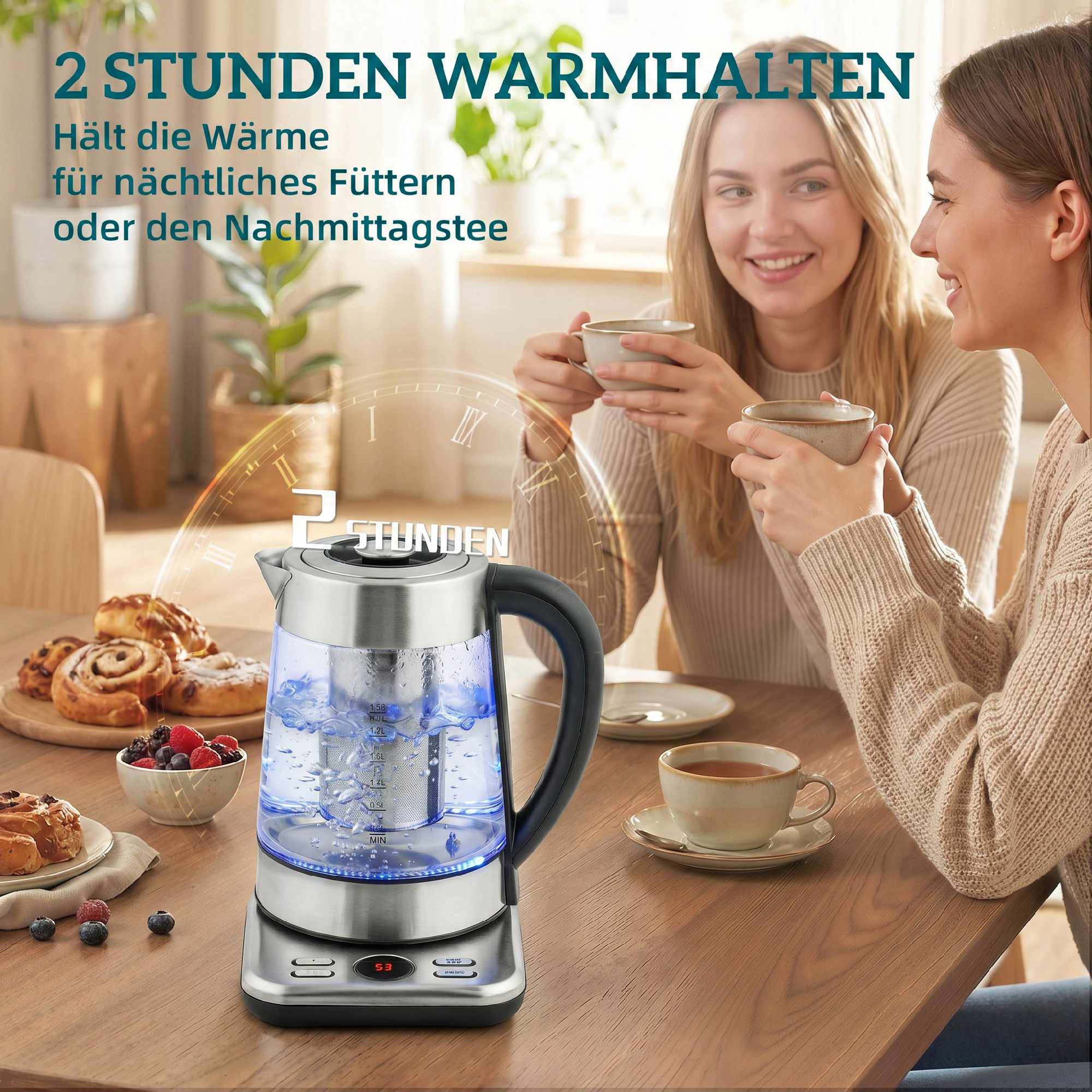 Vattenkokare 1,7 l, 2200 W, glas, Strix termostat, tebryggare