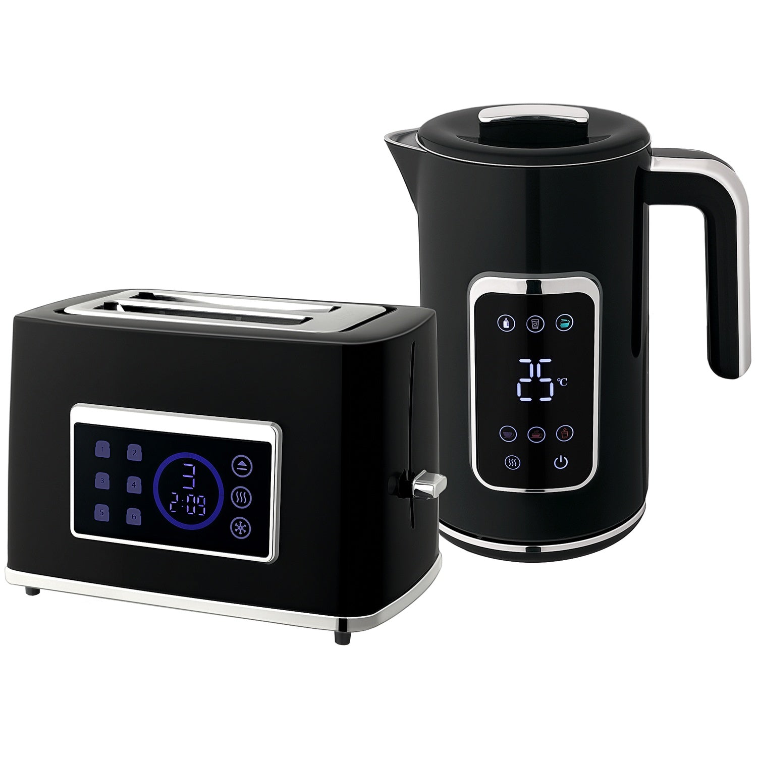Vattenkokare och brödrostset, LED-touch, 1,7 l, 2 fack, svart