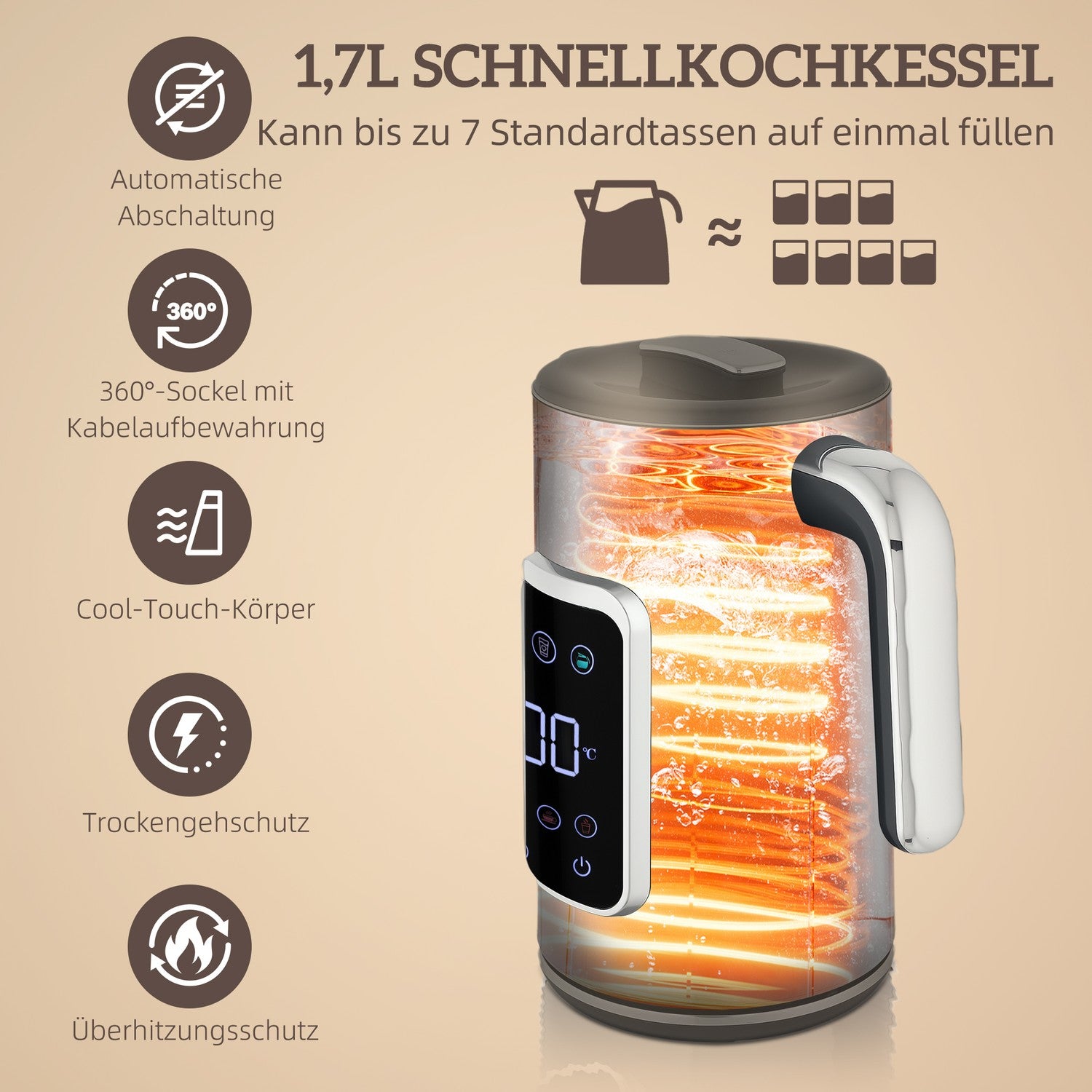 Vattenkokare och brödrostset, LED-touch, 1,7 l, 2 fack, svart