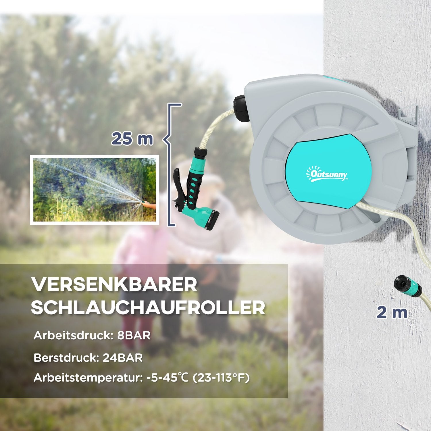 Vattenslangupprullare med 25 m slang, vridbart fäste och 7-lägesdusch