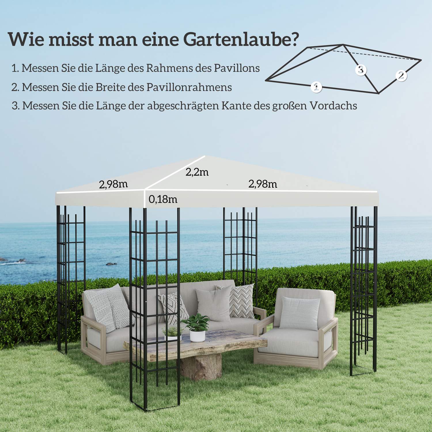 Vattentät 3x3m Gazebo takskydd, Oxford-tyg, ljusgrå