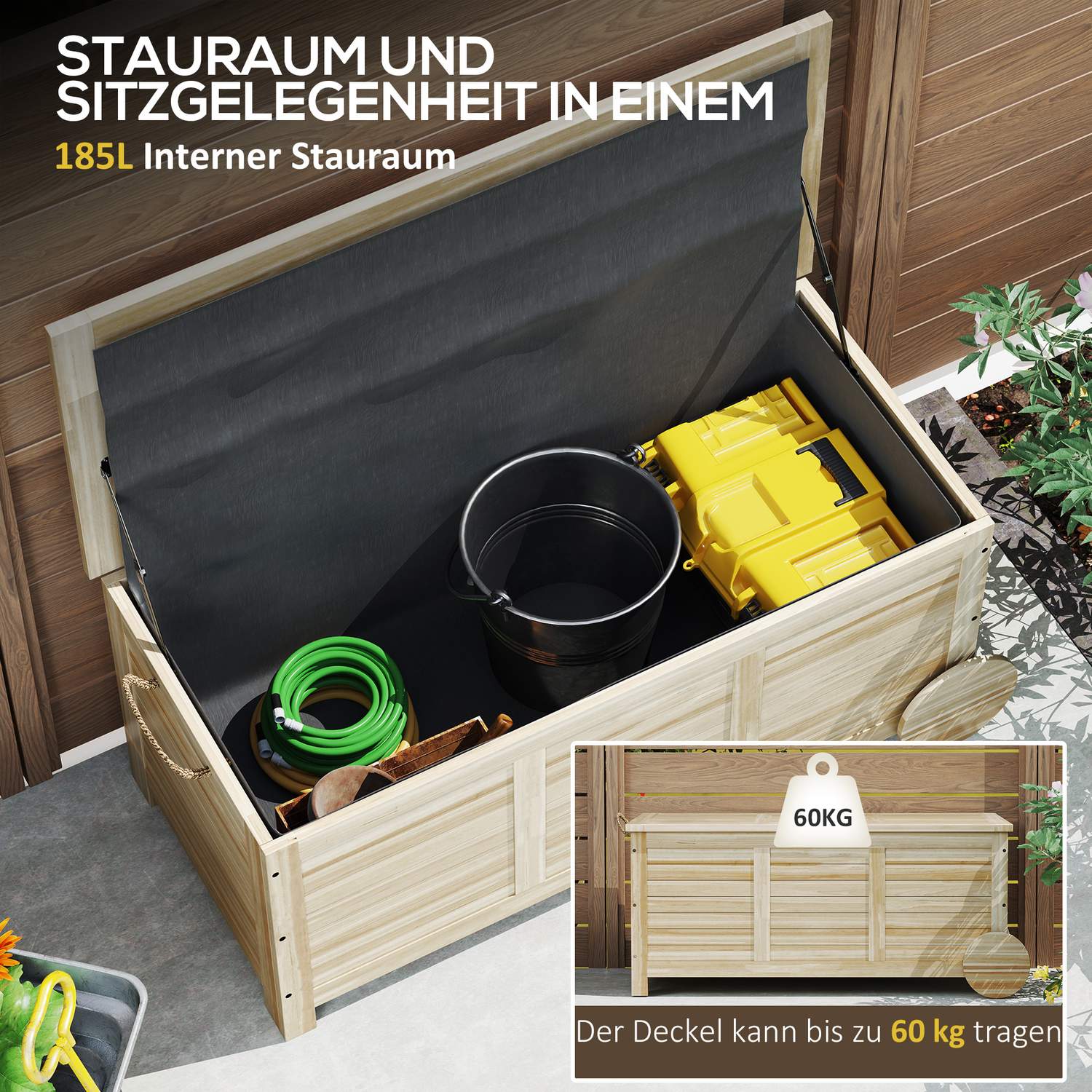 Vodotěsný venkovní úložný box 185 l, dřevěný, odolný vůči UV záření