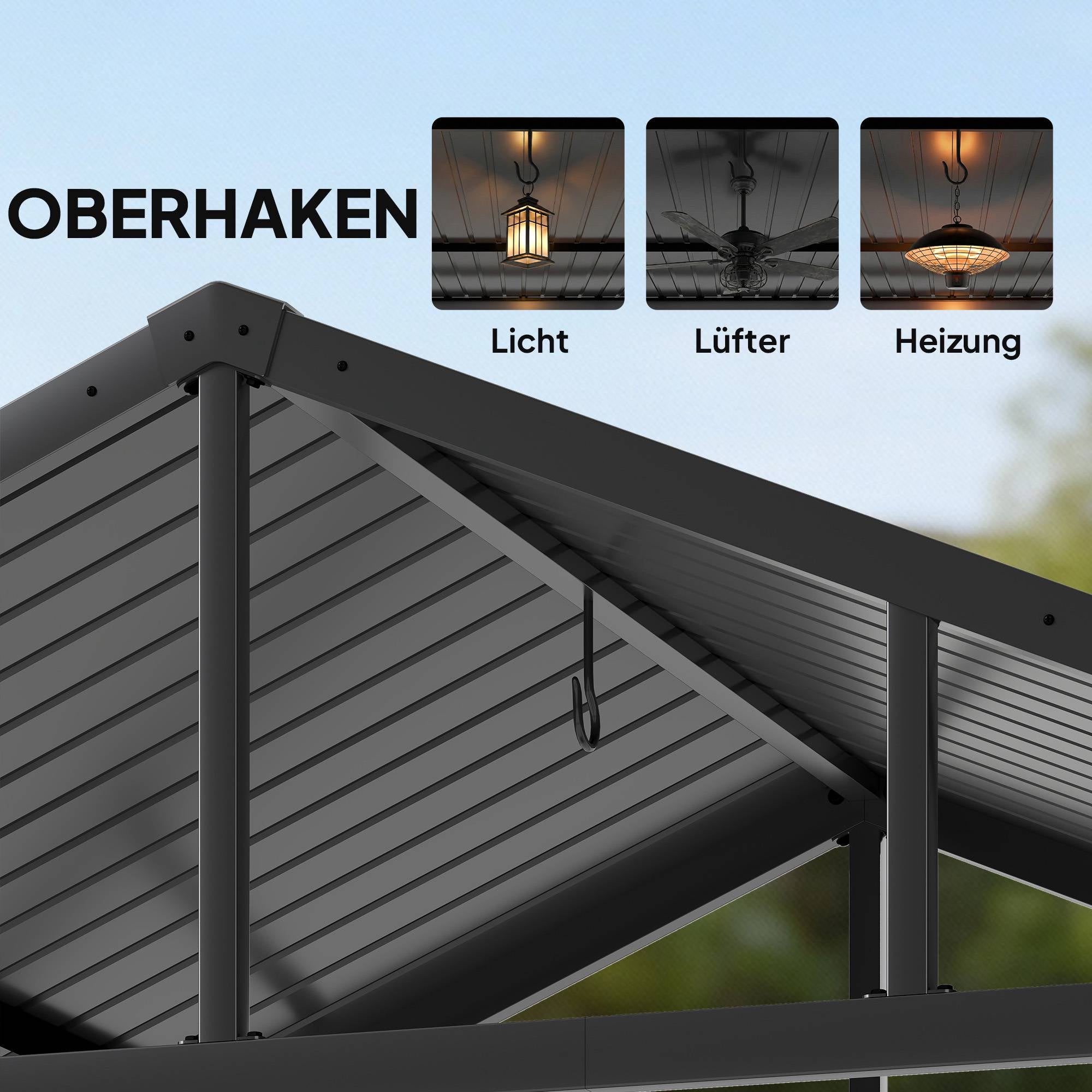Vattentät grillpaviljong med stålram och hyllor