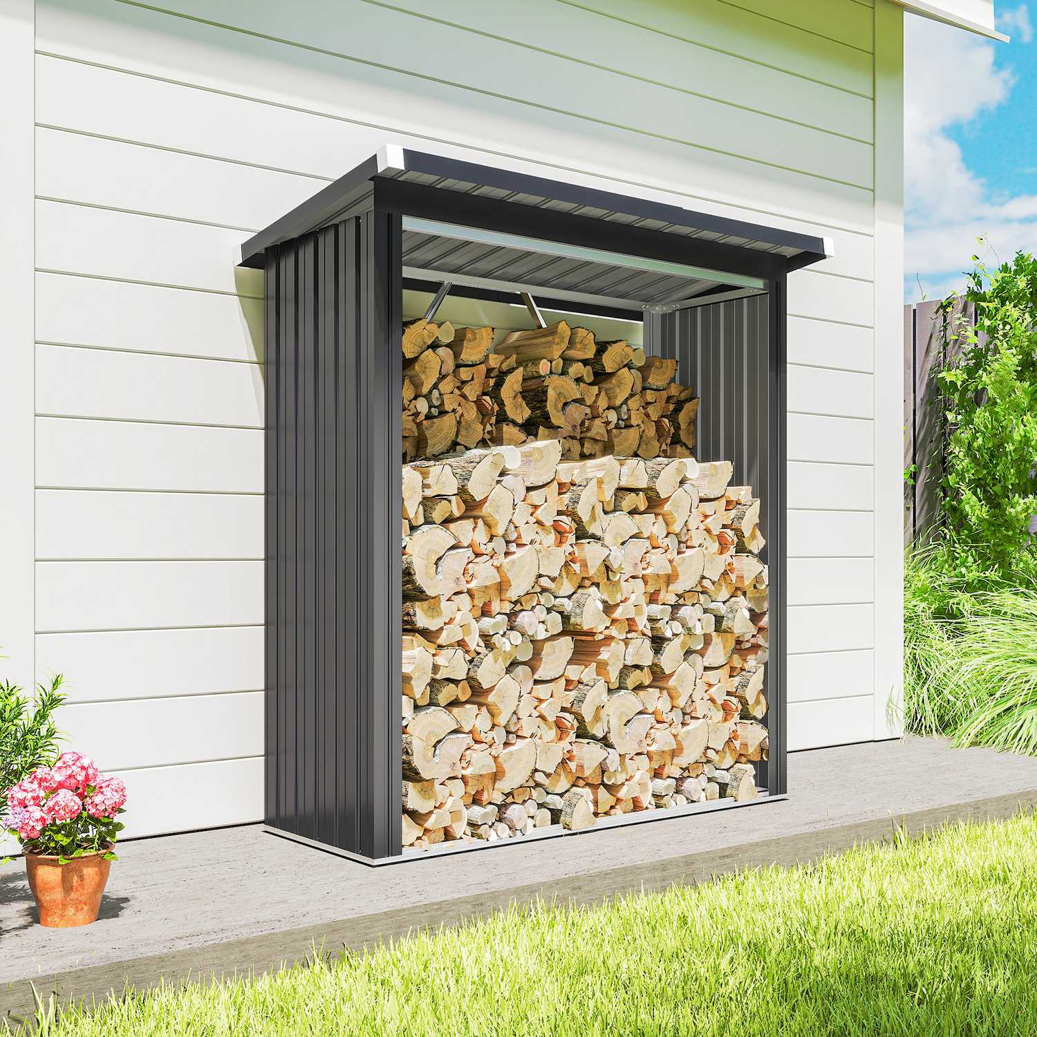 Vedbod, stål, förhöjt golv, sluttande tak, 150x66,5x150 cm