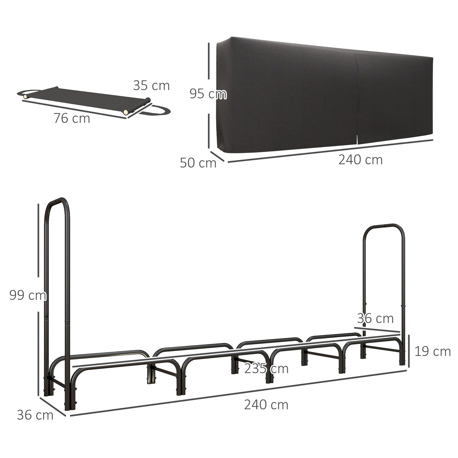 Vedställ, 0,67 m³, med bärväska & lock, metallram, upp till 200 kg, 240 x 36 x 99 cm, svart