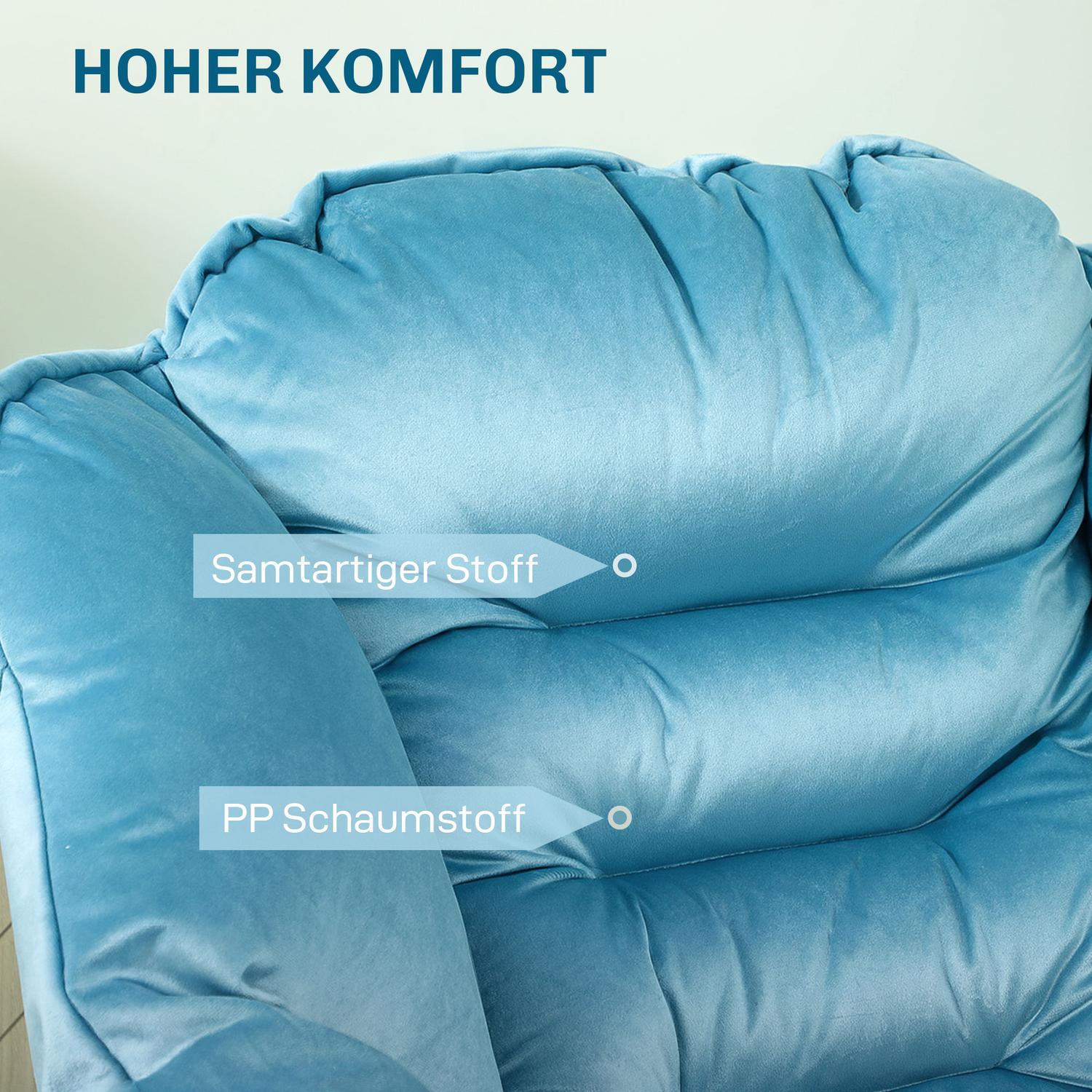 Sametové lounge křeslo s čalouněnou boční kapsou – modré
