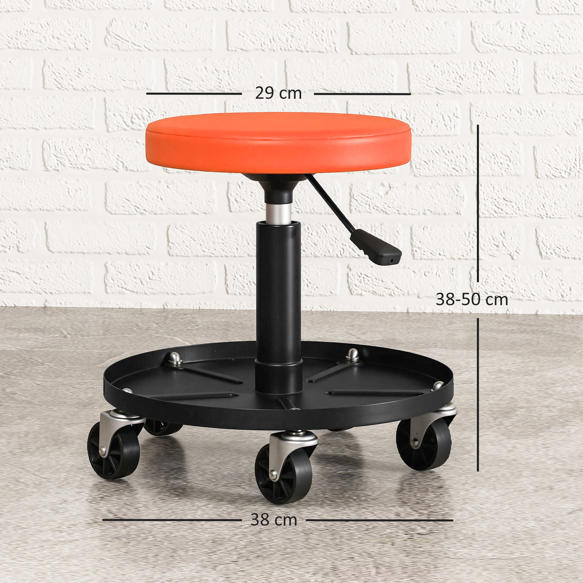Verkstadspall med hjul, höjdjusterbar från 38-50cm, lastkapacitet upp till 135 kg, Orange