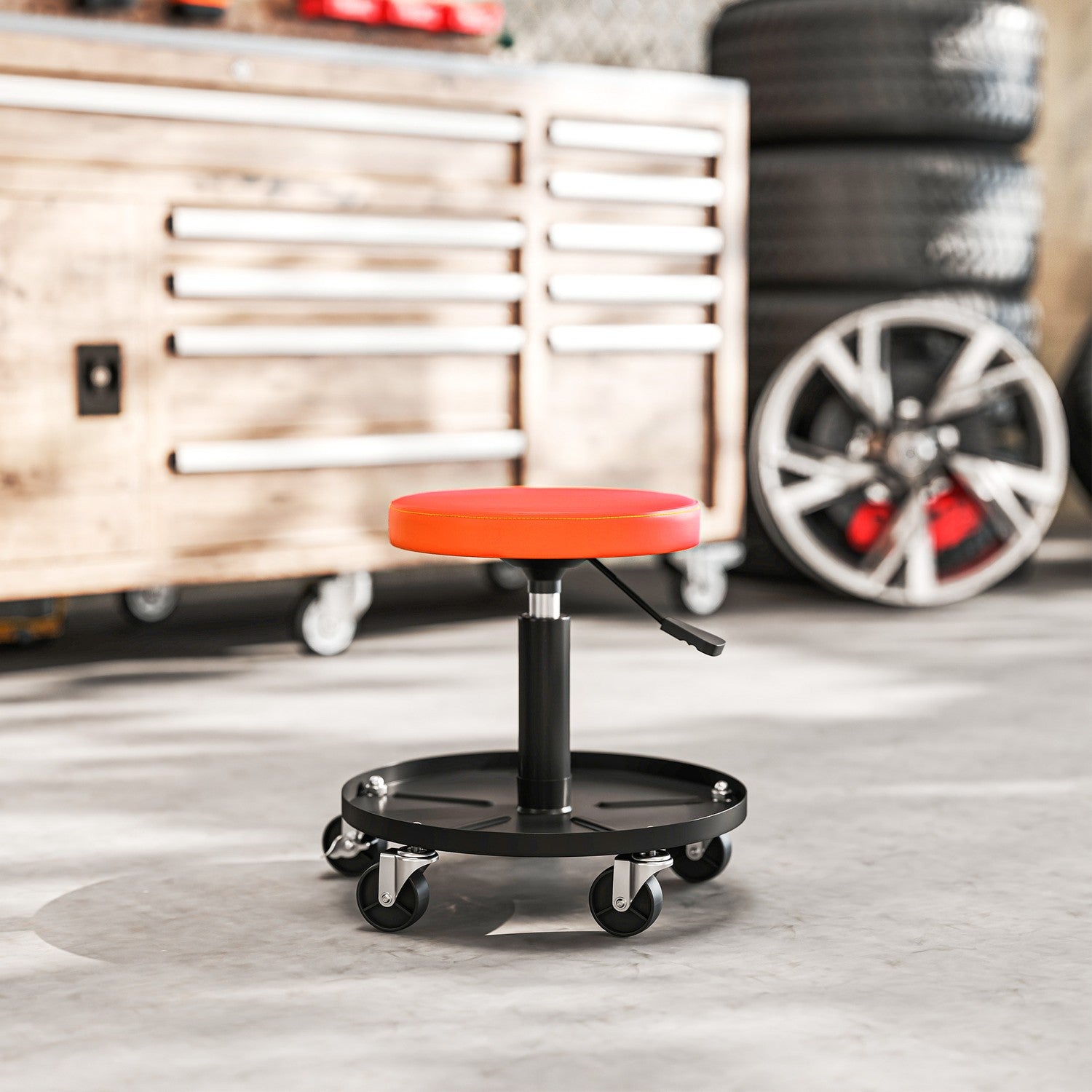 Verkstadspall med hjul, höjdjusterbar från 38-50cm, lastkapacitet upp till 135 kg, Orange