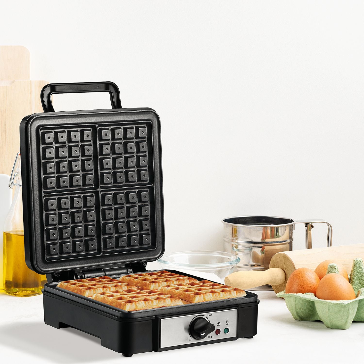 Våffelbryggare, non-stick, justerbar temperatur, svart, 1200W