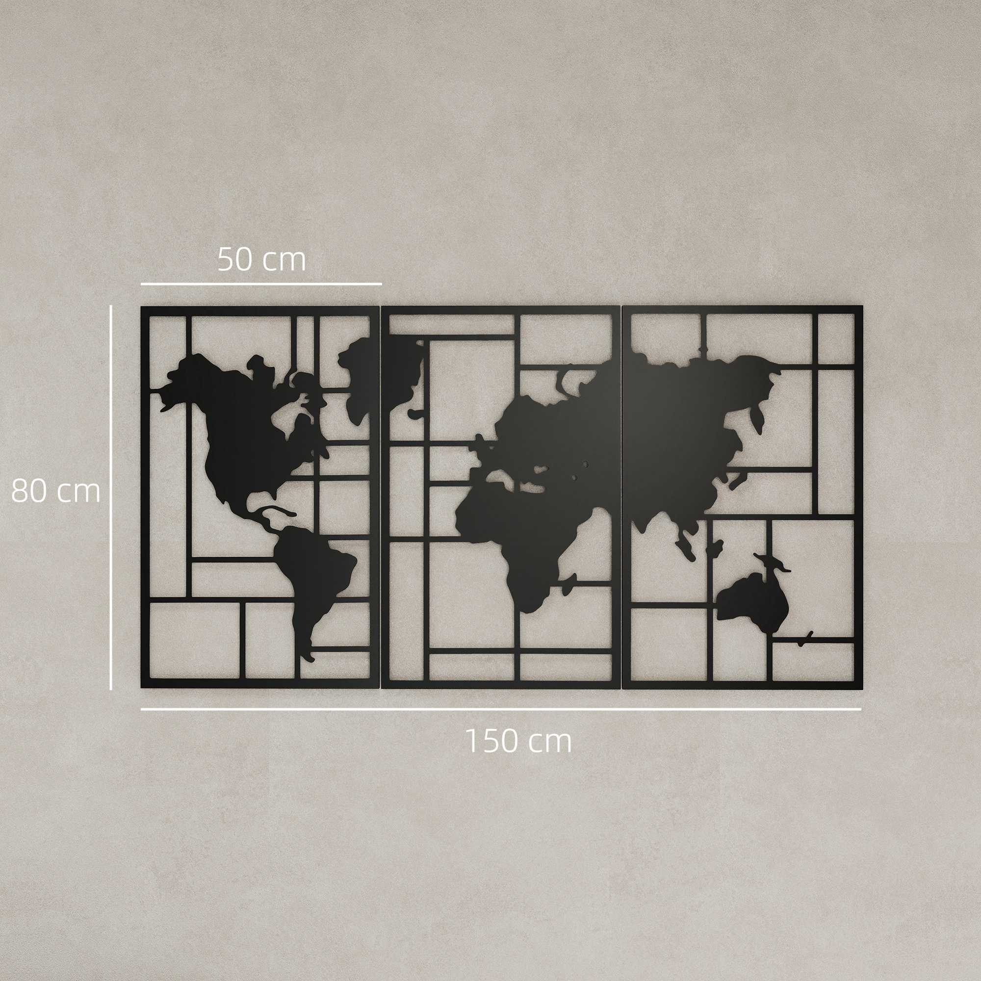 Väggdekorationsset i metall – 3-delad världskarta, 50x80 cm, svart