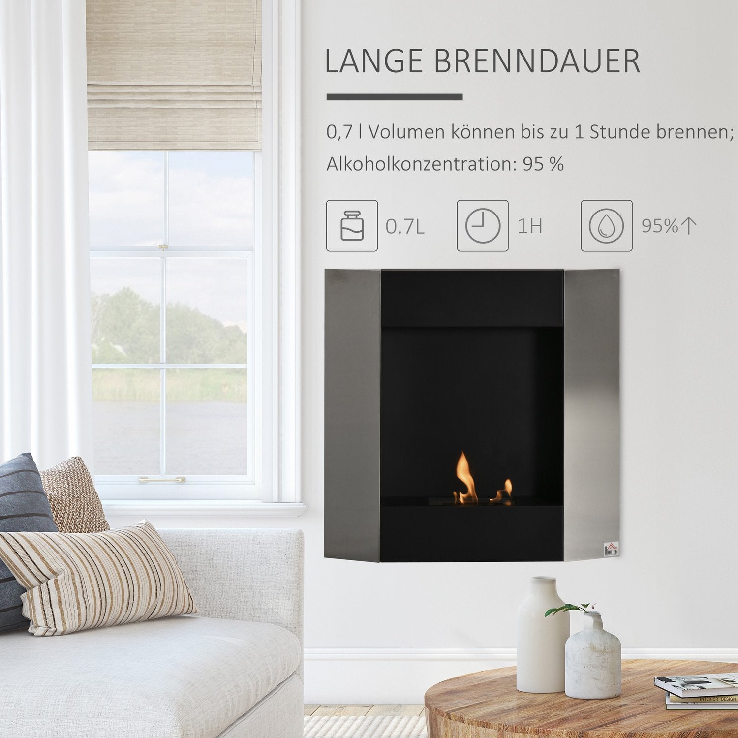 Väggmonterad bioetanolkamin – Stål, rökfri