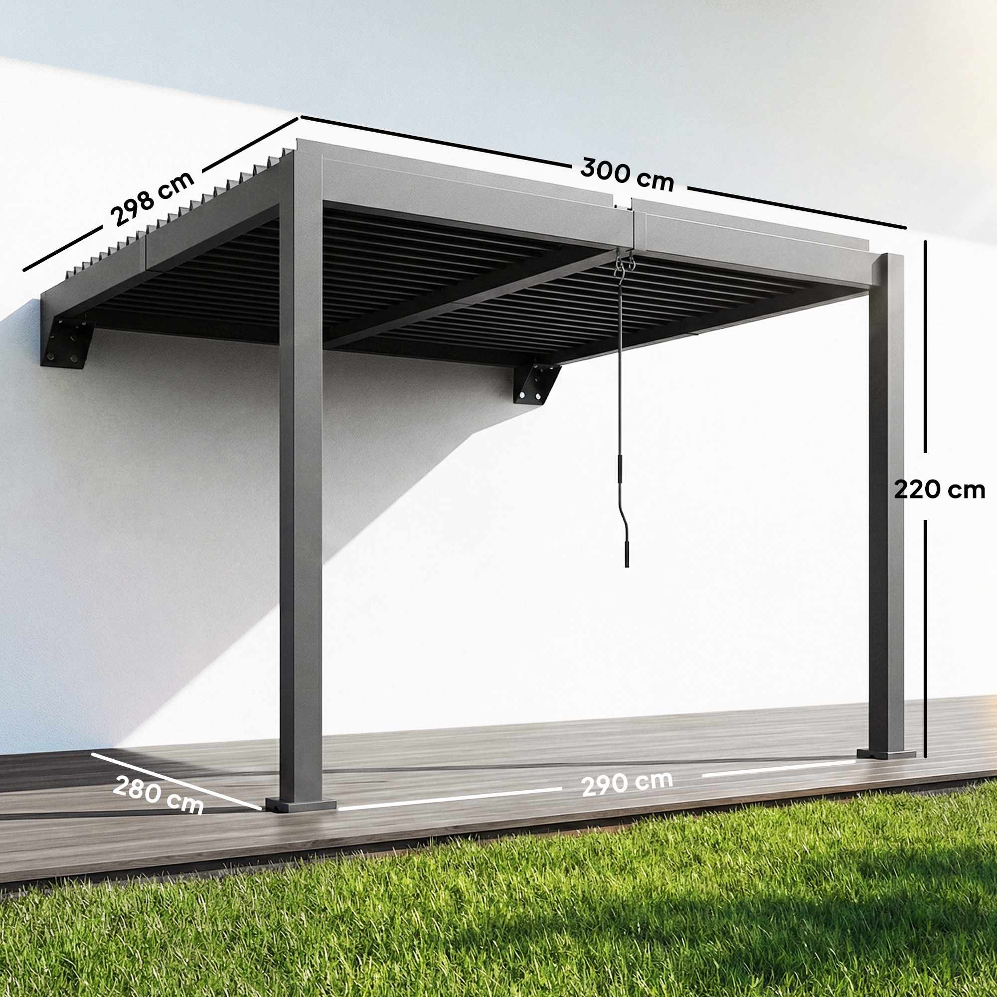 Väggmonterad pergola med lameller, 3x3m, justerbart metalltak
