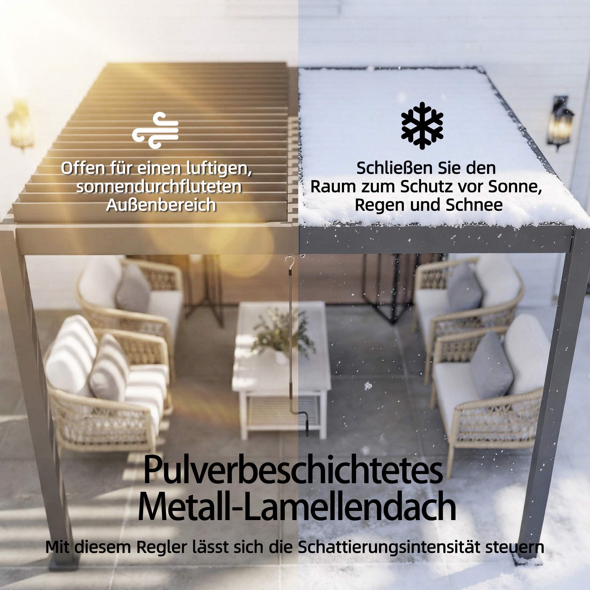 Väggmonterad pergola med lameller, 3x3m, justerbart metalltak