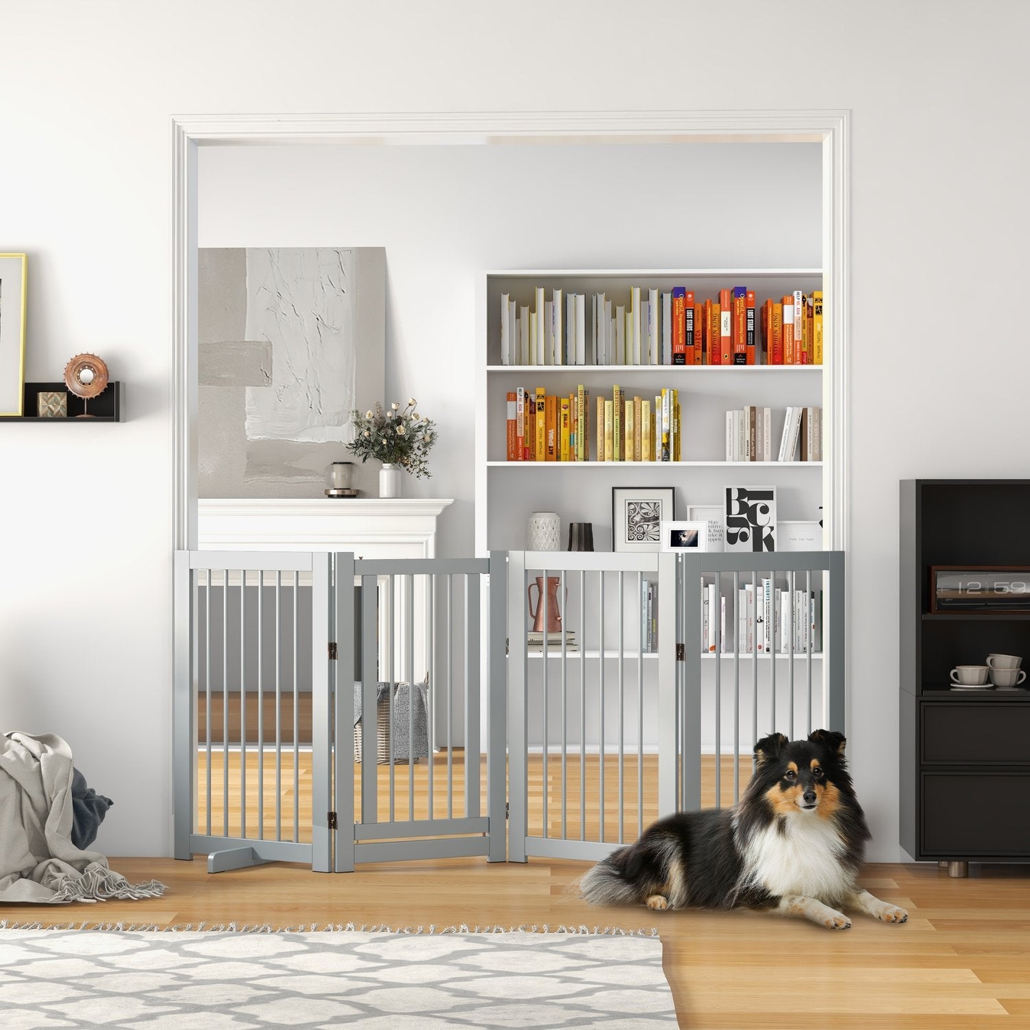 Skládací dřevěná bezpečnostní zábrana pro psy – 4 panely, 220x91 cm, světle šedá
