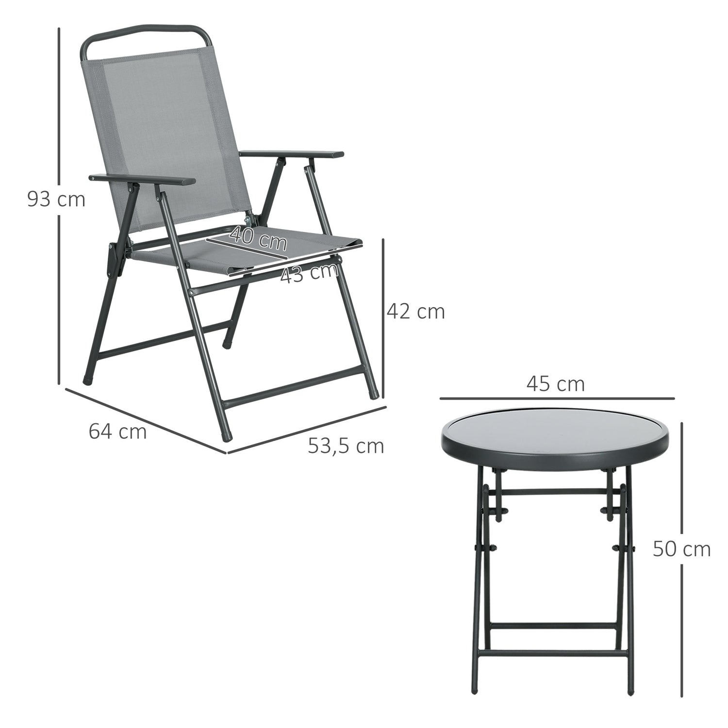 Vikbart bistroset – stål & mesh, ljusgrå – 3-delat