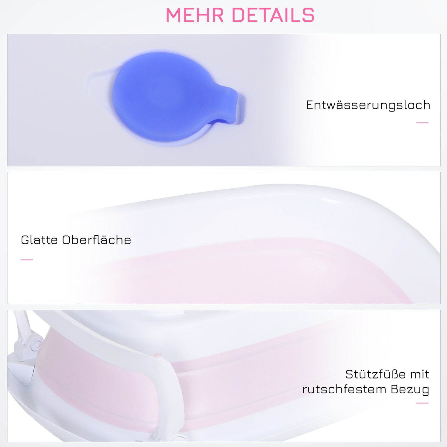 Vikbart rosa babybadkar, ergonomisk halkfri design