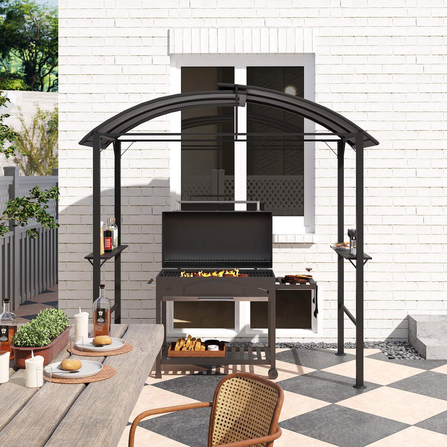 Vindtät grillpaviljong i stål, dubbelt tak, UV-skydd