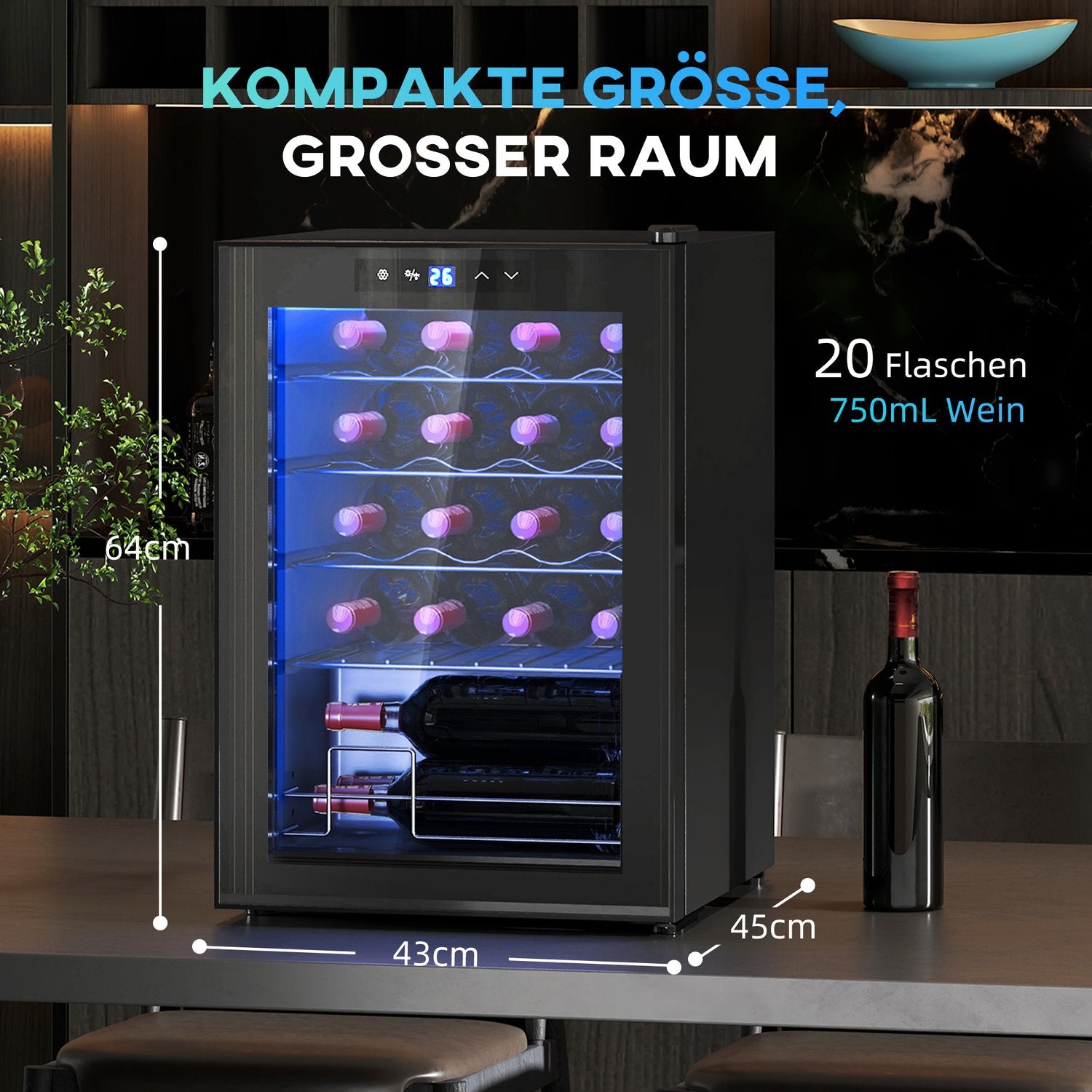 Vinkylskåp 20 flaskor, Anti-UV-glas, LED-ljus