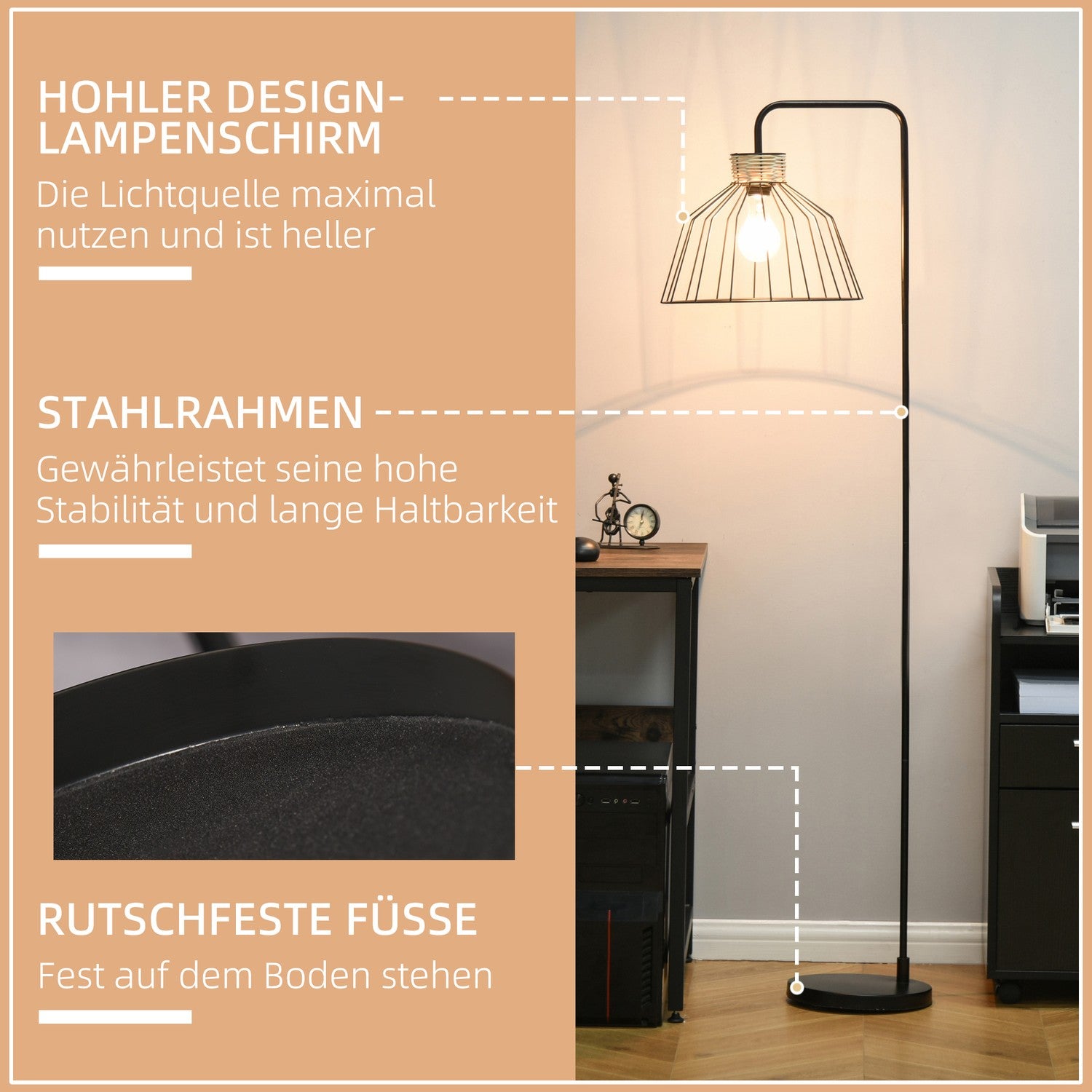 Vintage golvlampa med E27 sockel, metall & rotting, svart
