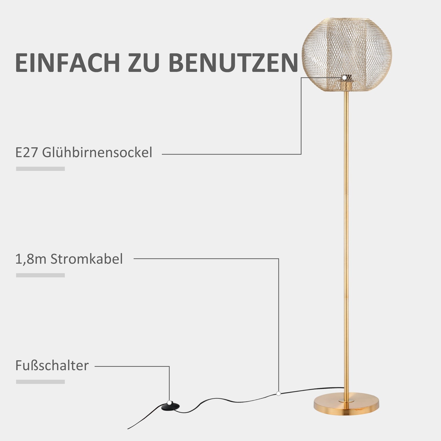 Vintage guldgolvlampa – 40W, E27, metallskärm