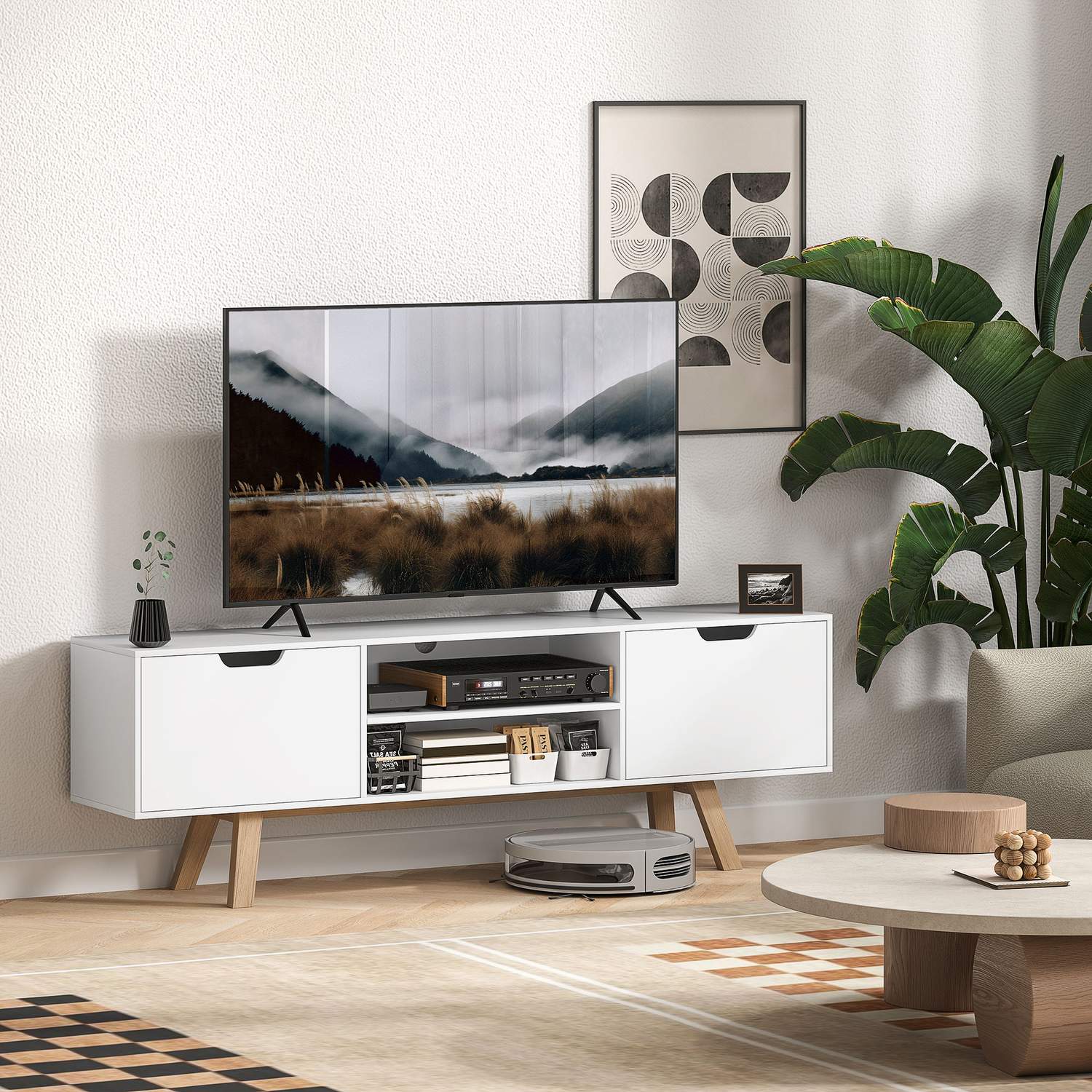Bílý TV stolek pro televizory do 65"", 2 skříňky a police