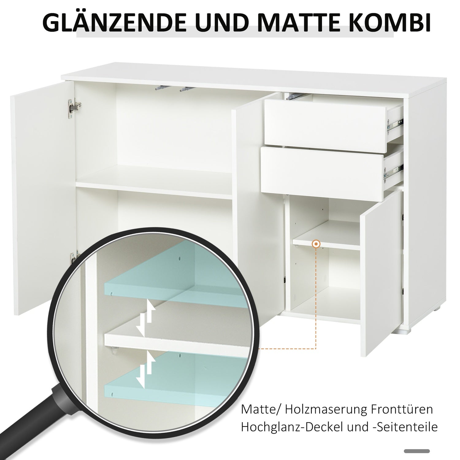 Bílá komoda typu sideboard se 2 zásuvkami a 3 dvířky