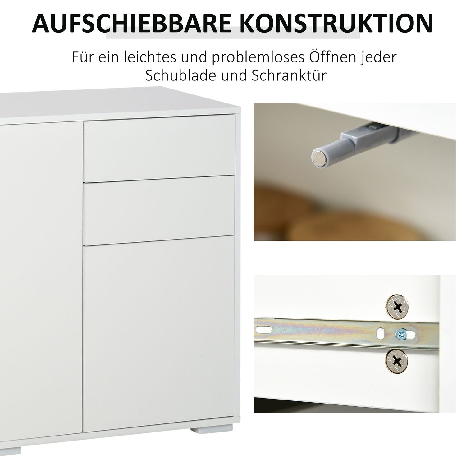 Bílá komoda typu sideboard se 2 zásuvkami a 3 dvířky