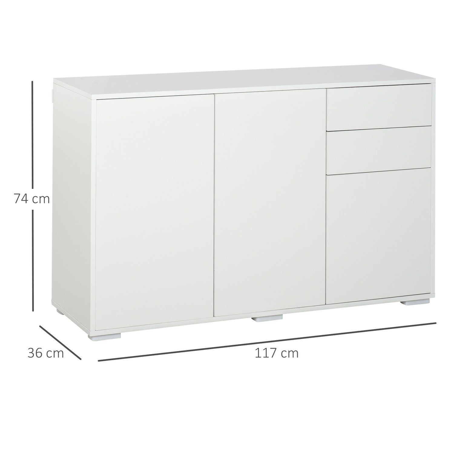 Bílá komoda typu sideboard se 2 zásuvkami a 3 dvířky