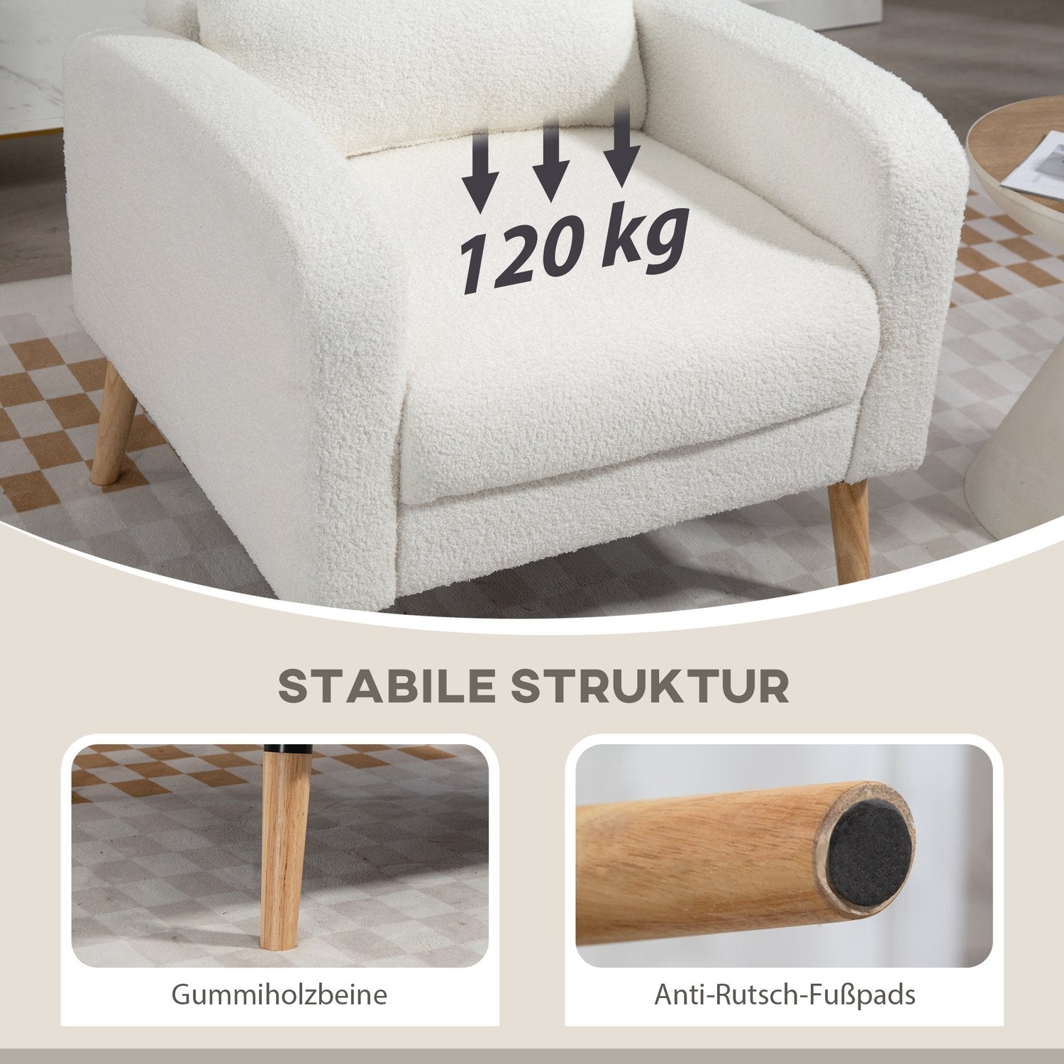 Vit stoppad fåtölj med kudde, ben av gummiträ