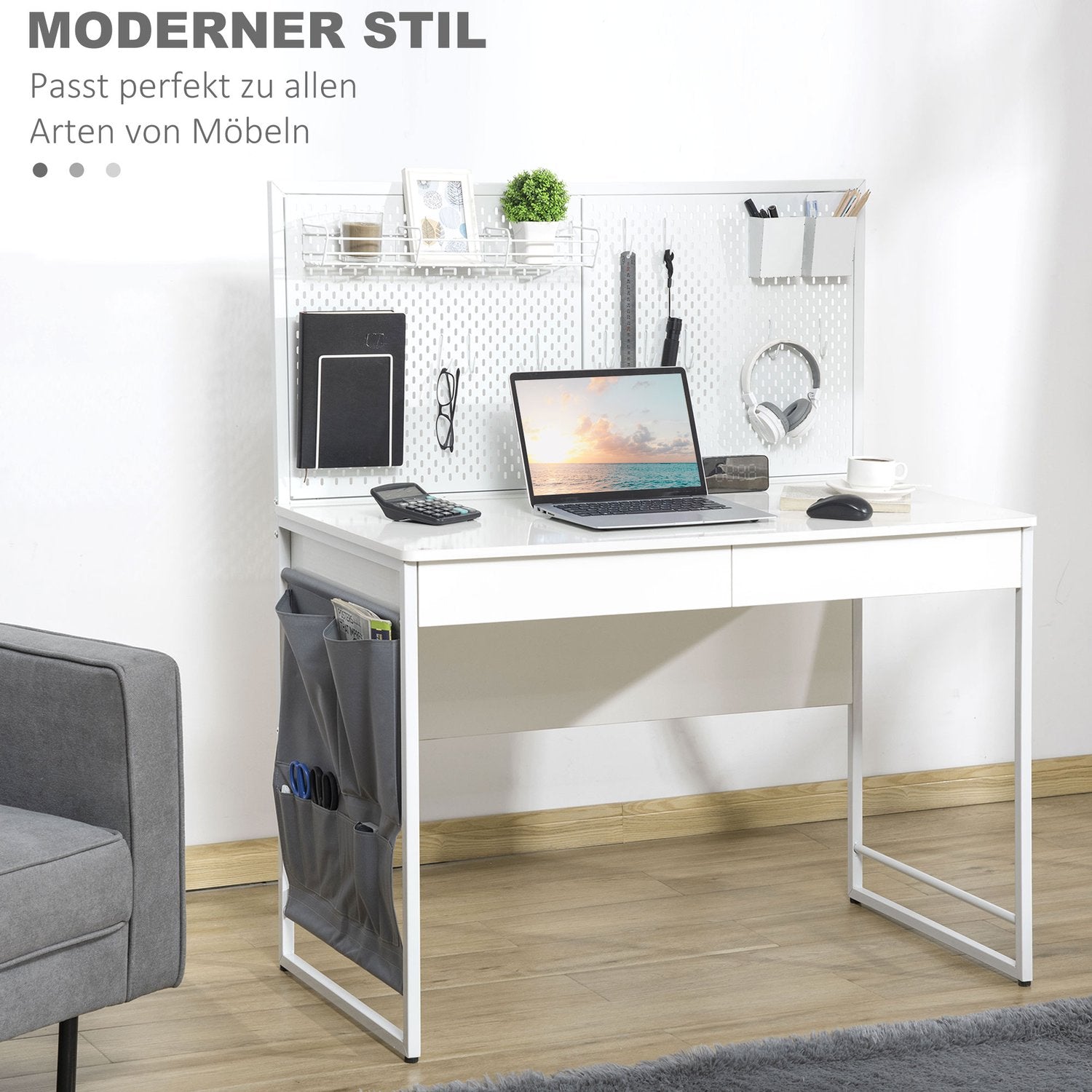 Vitt & Grå Skrivbord – Tygpåse, 2 lådor, Noteraster