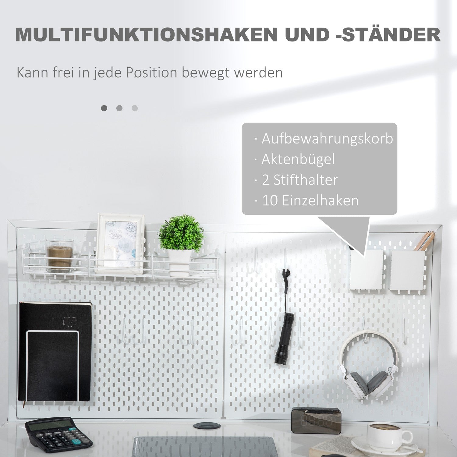 Vitt & Grå Skrivbord – Tygpåse, 2 lådor, Noteraster